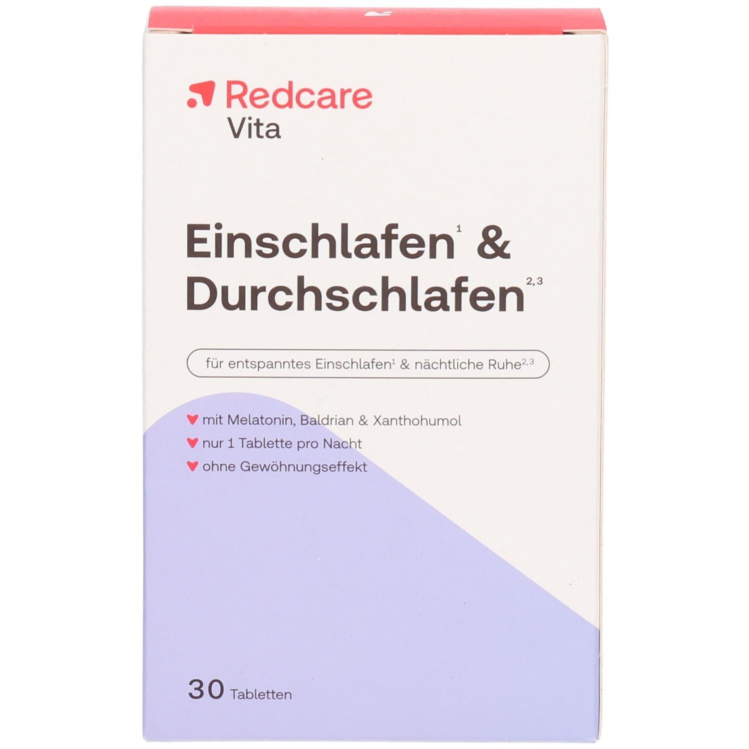 Redcare Vita Einschlafen & Durchschlafen, fronte della confezione con nome del prodotto e vantaggi principali.