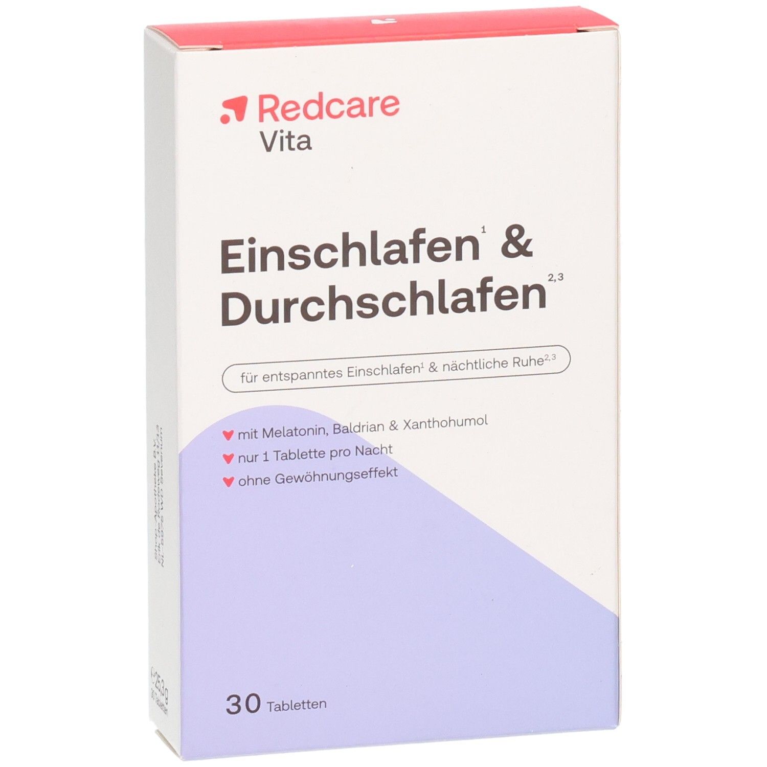 Redcare Vita Einschlafen & Durchschlafen, fronte della confezione con logo rosso ed elemento di design viola.