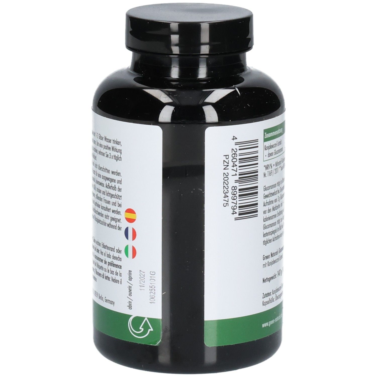Flacone nero con etichetta verde. Scritte: PZN, numero di lotto, data di scadenza, vegano.