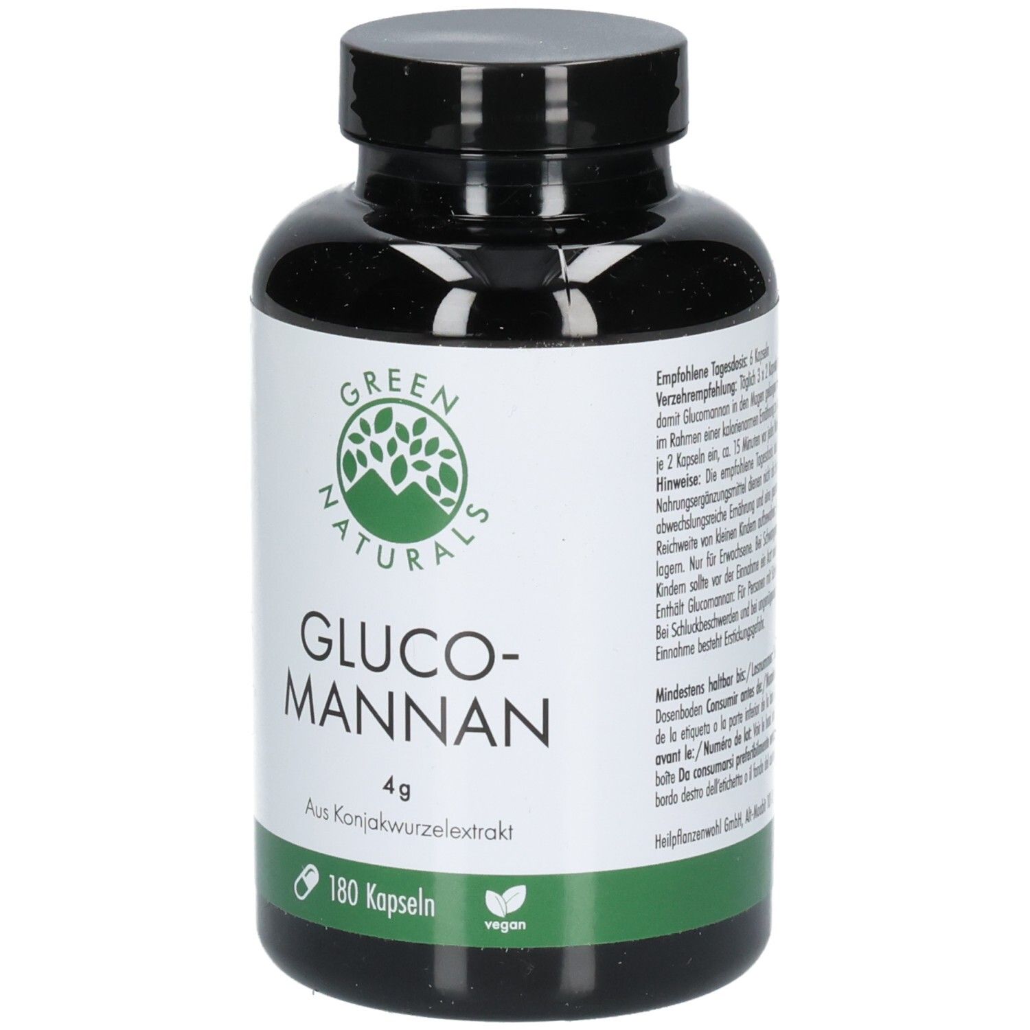 Flacone nero con etichetta verde. Scritta: GREEN NATURALS, GLUCO-MANNAN 4g, 180 capsule, vegano.