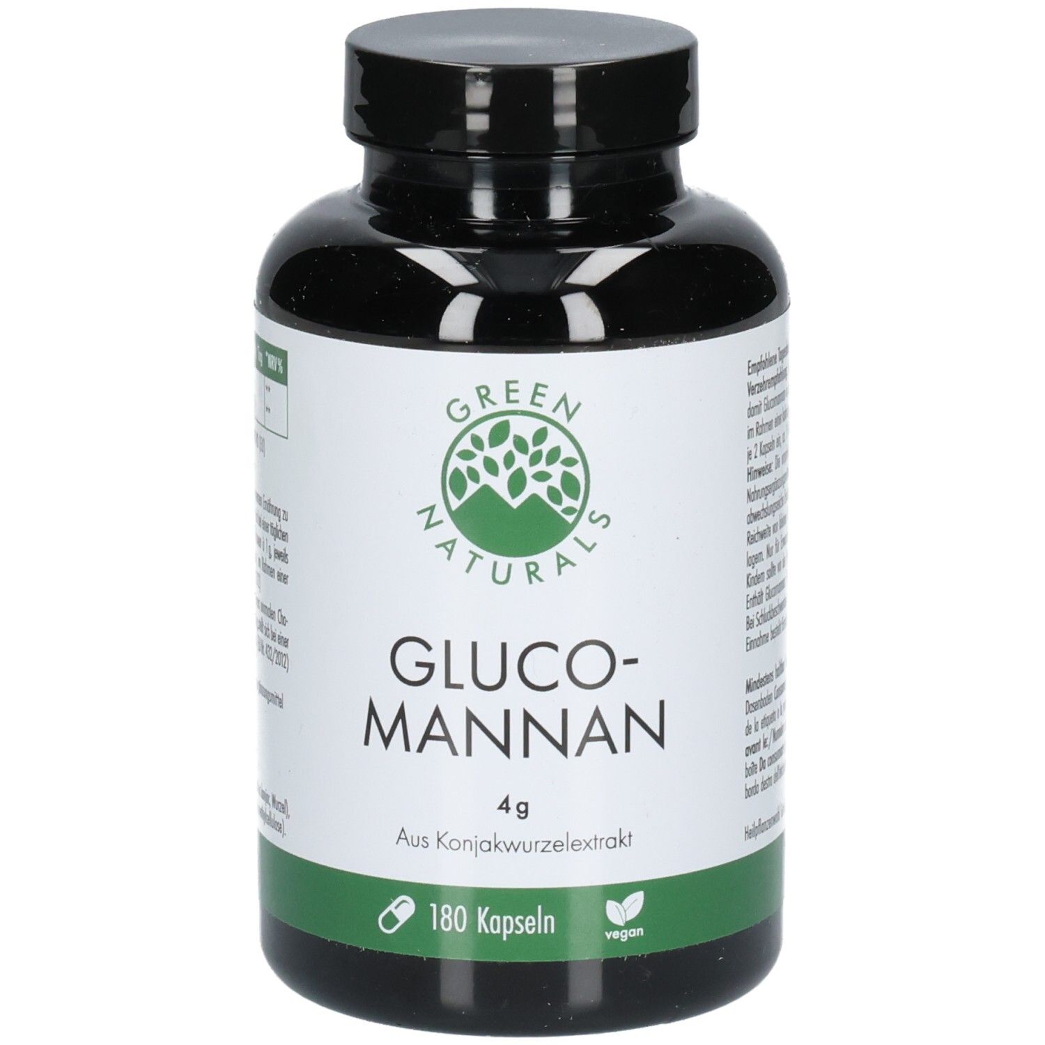 Flacone nero con etichetta verde. Scritta: GREEN NATURALS, GLUCO-MANNAN 4g, 180 capsule, vegano.