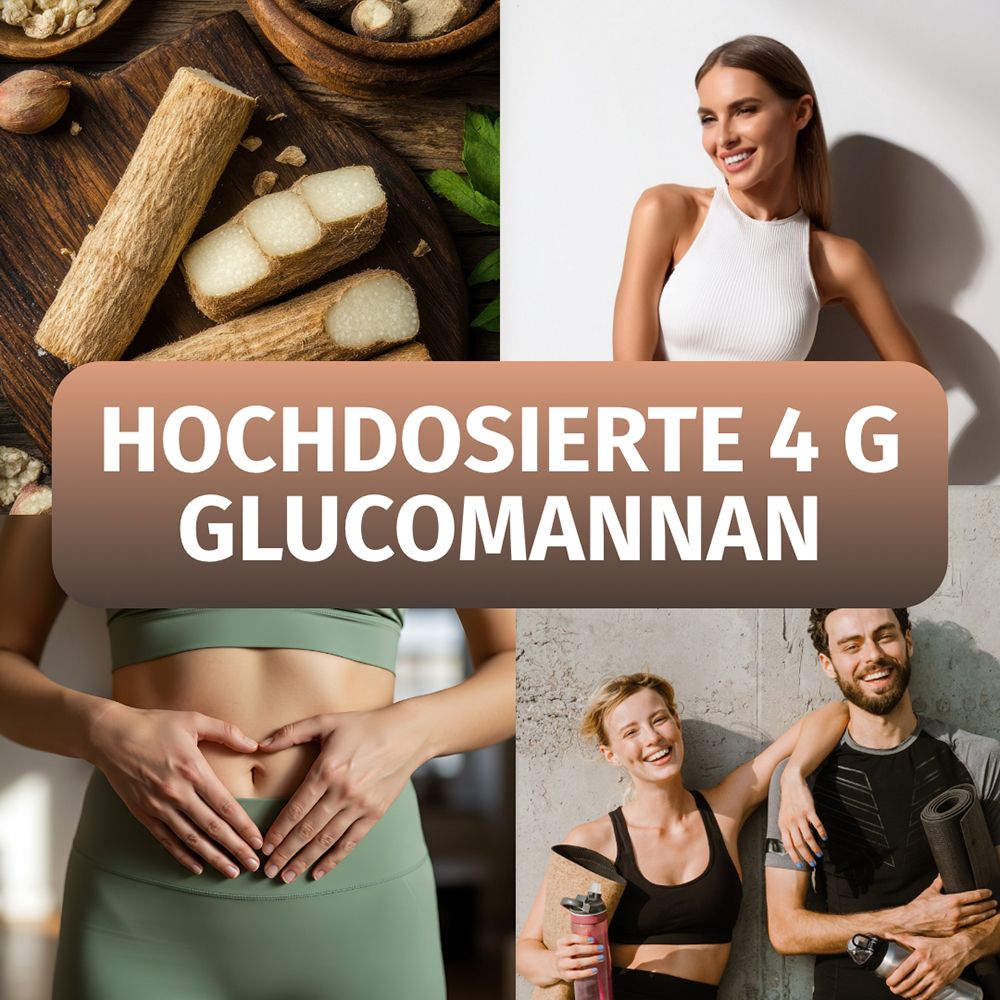 Quattro collage di collagene con radici di glucomannano e persone sportive. Testo: HOCHDOSIERTE 4 G GLUCOMANNAN.