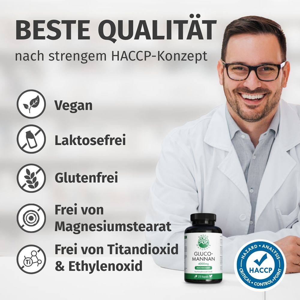 Uomo in camice da laboratorio sorride, accanto elenco caratteristiche prodotto: Vegano, Senza lattosio, Senza glutine, Senza magnesio stearato, biossido di titanio & ossido di etilene. Flacone di Glucmannan 600mg.