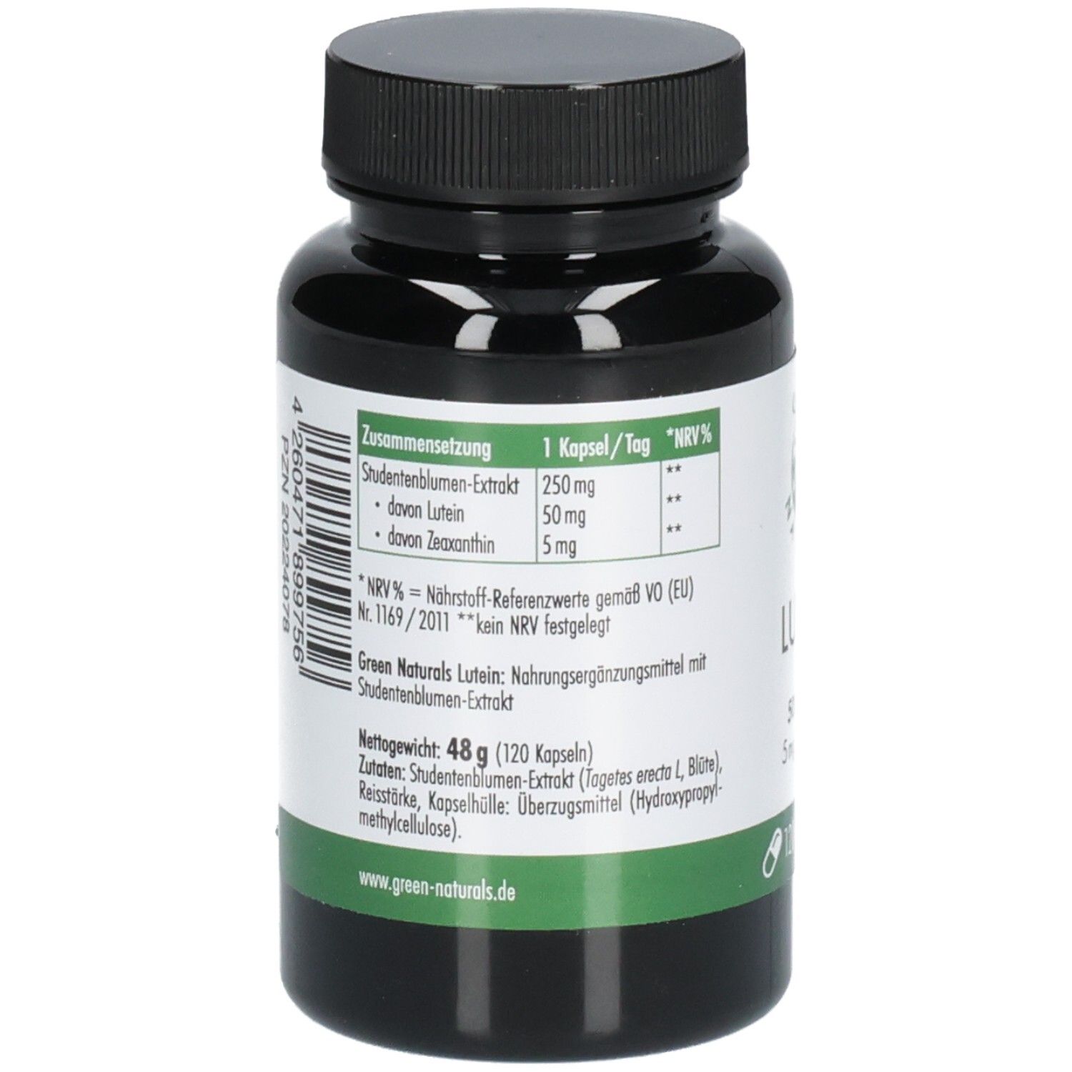Retro del flacone verde. Scritta: Composizione, 1 capsula/giorno, informazioni nutrizionali, Green Naturals, 120 capsule, vegano.