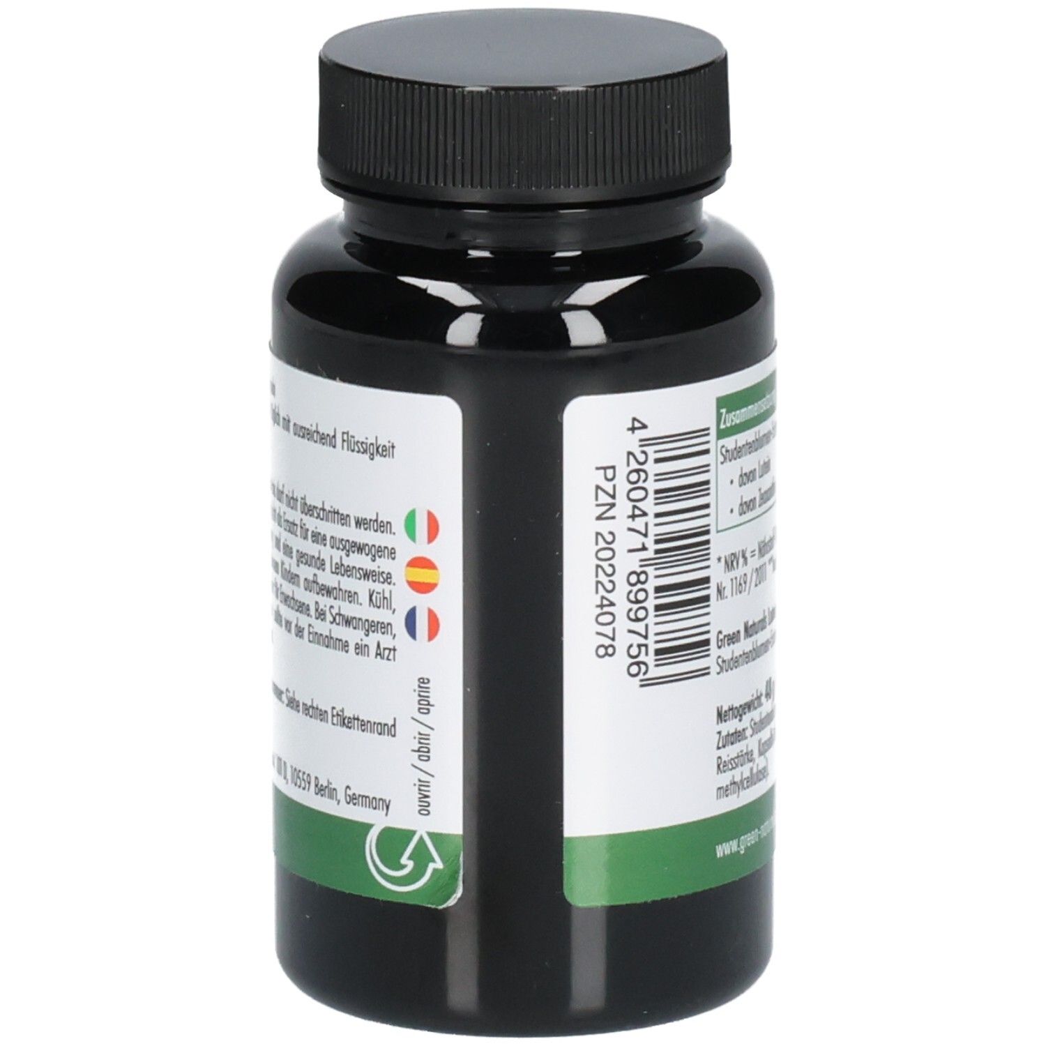 Flacone verde con tappo nero. Scritta: PZN, numero di lotto, Green Naturals, indirizzo, simbolo di riciclaggio.