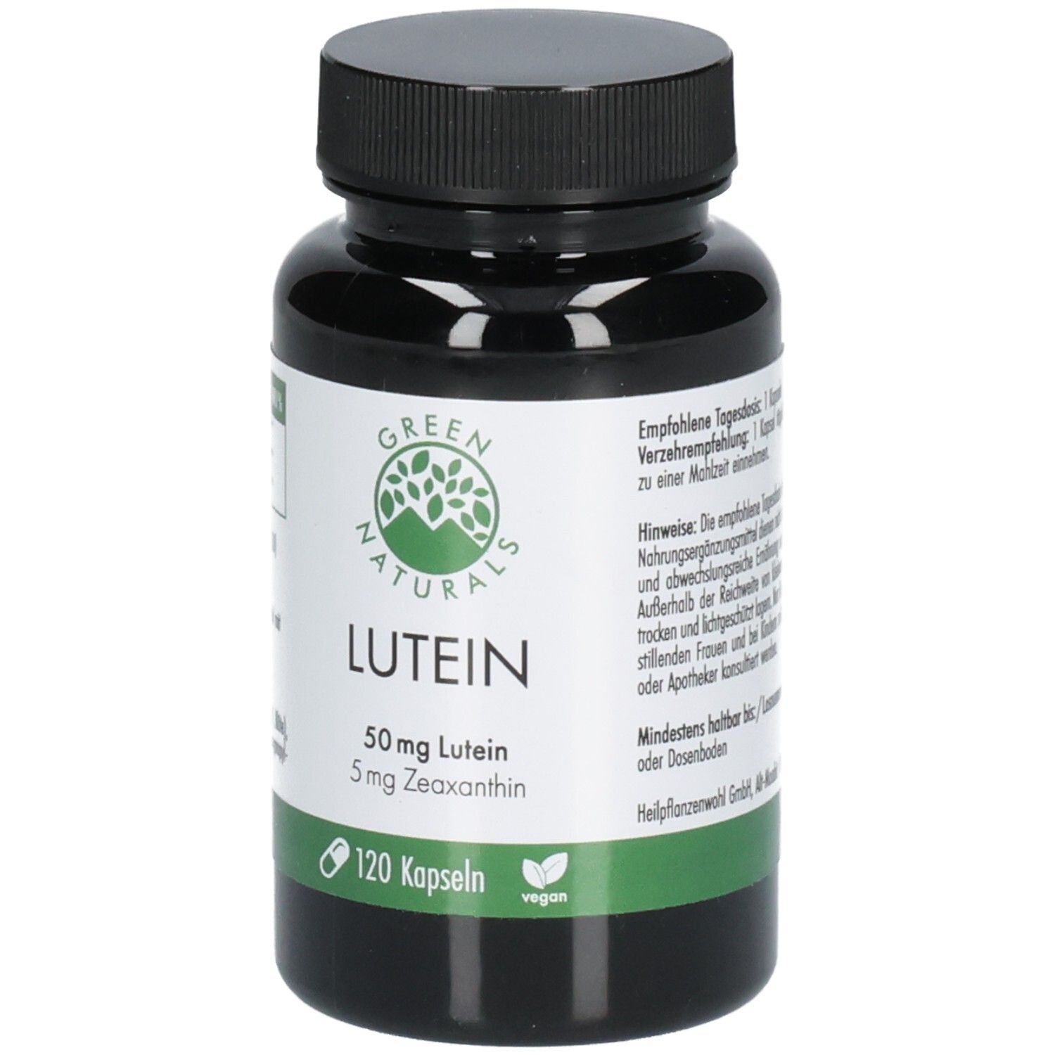 Flacone verde con tappo nero. Scritta: GREEN NATURALS Luteina 50mg + 5mg Zeaxantina. 120 capsule. Vegano.