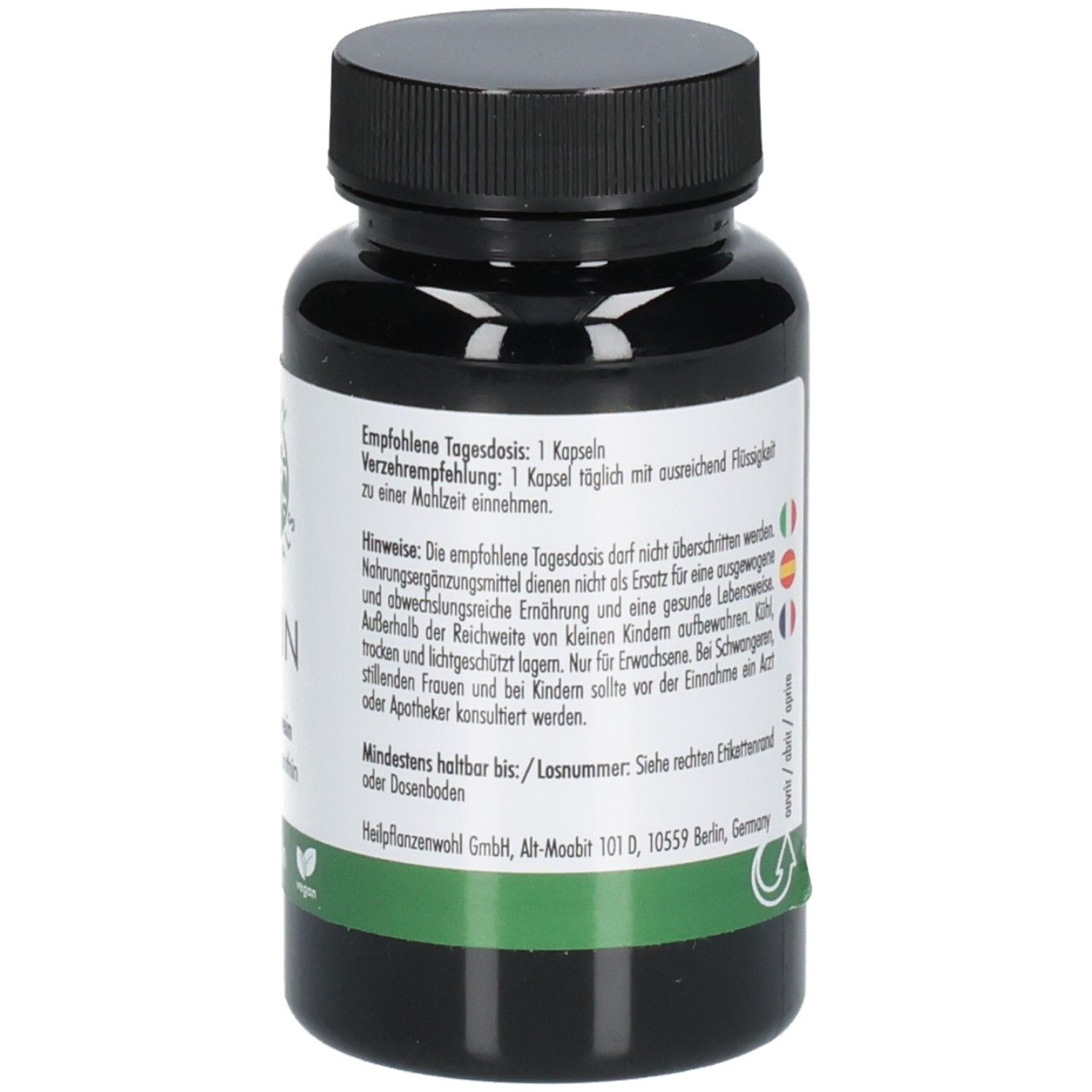 Retro del flacone verde. Scritta: Dose giornaliera raccomandata, avvertenze, Green Naturals, vegano.
