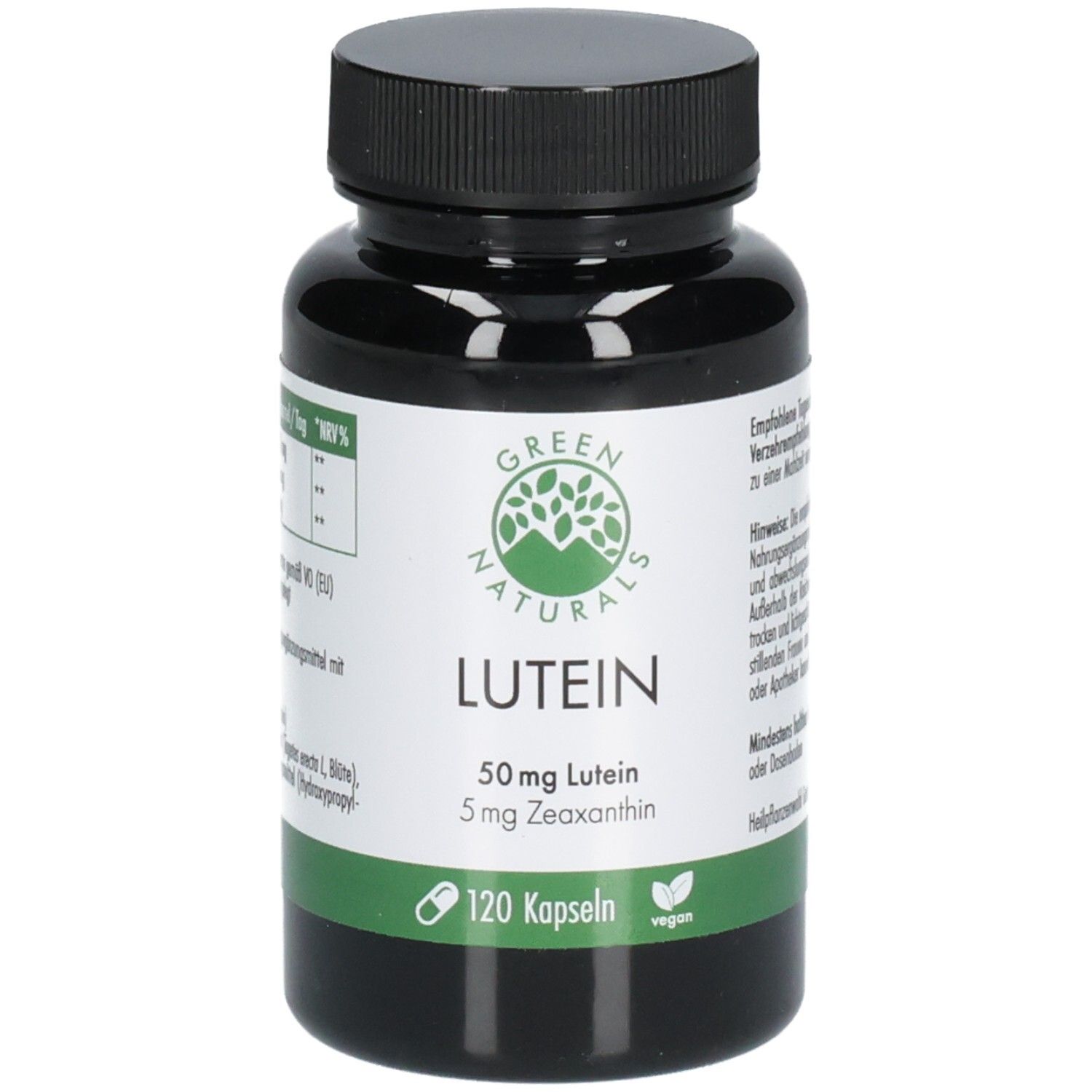 Flacone verde con tappo nero. Scritta: GREEN NATURALS Luteina 50mg + 5mg Zeaxantina. 120 capsule. Vegano.