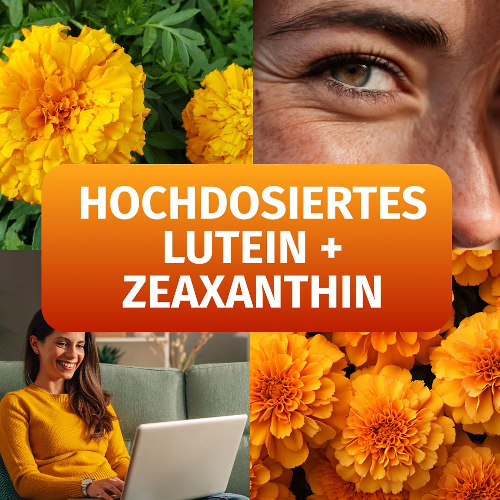 Collage: Luteina + Zeaxantina, occhi, donna con laptop, calendule.
