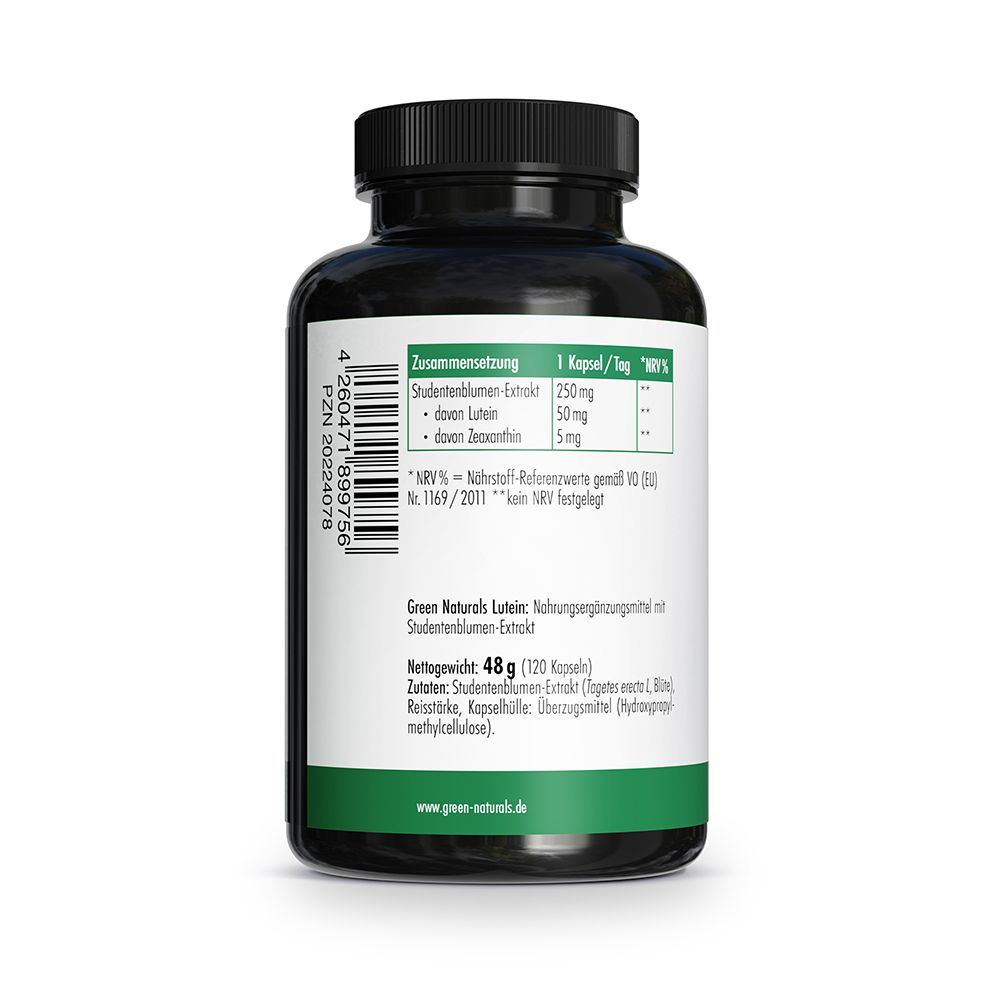 Retro flacone: Ingredienti (250mg estratto di calendula, 50mg luteina, 5mg zeaxantina), 120 capsule.