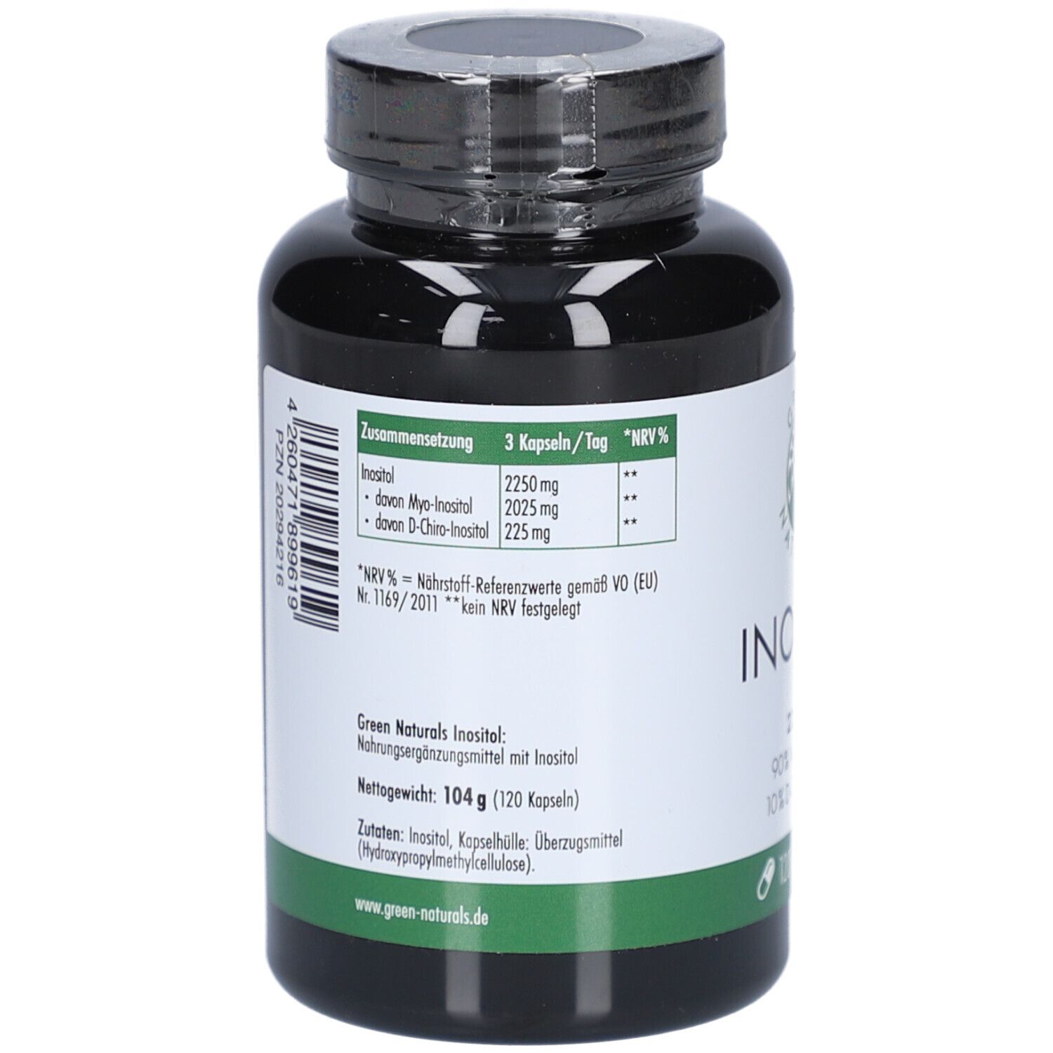 Retro del flacone. Composizione, 3 capsule/giorno, NRV%. Ingredienti. Peso netto 104 g (120 capsule).