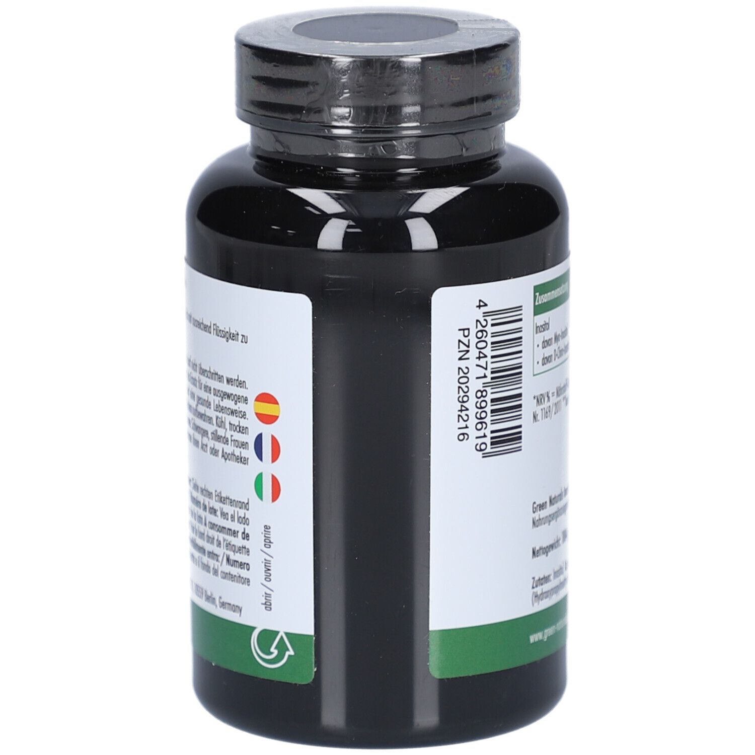 Flacone nero con etichetta verde. Scritte e PZN 20294216. Simboli multilingue.