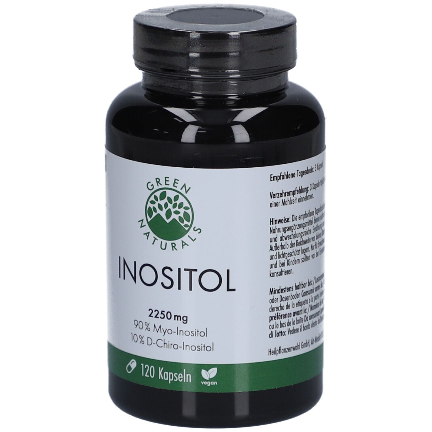Flacone nero con etichetta verde. INOSITOL 2250 mg, 90% Myo-Inositol, 10% D-Chiro-Inositol. 120 capsule. Vegano.