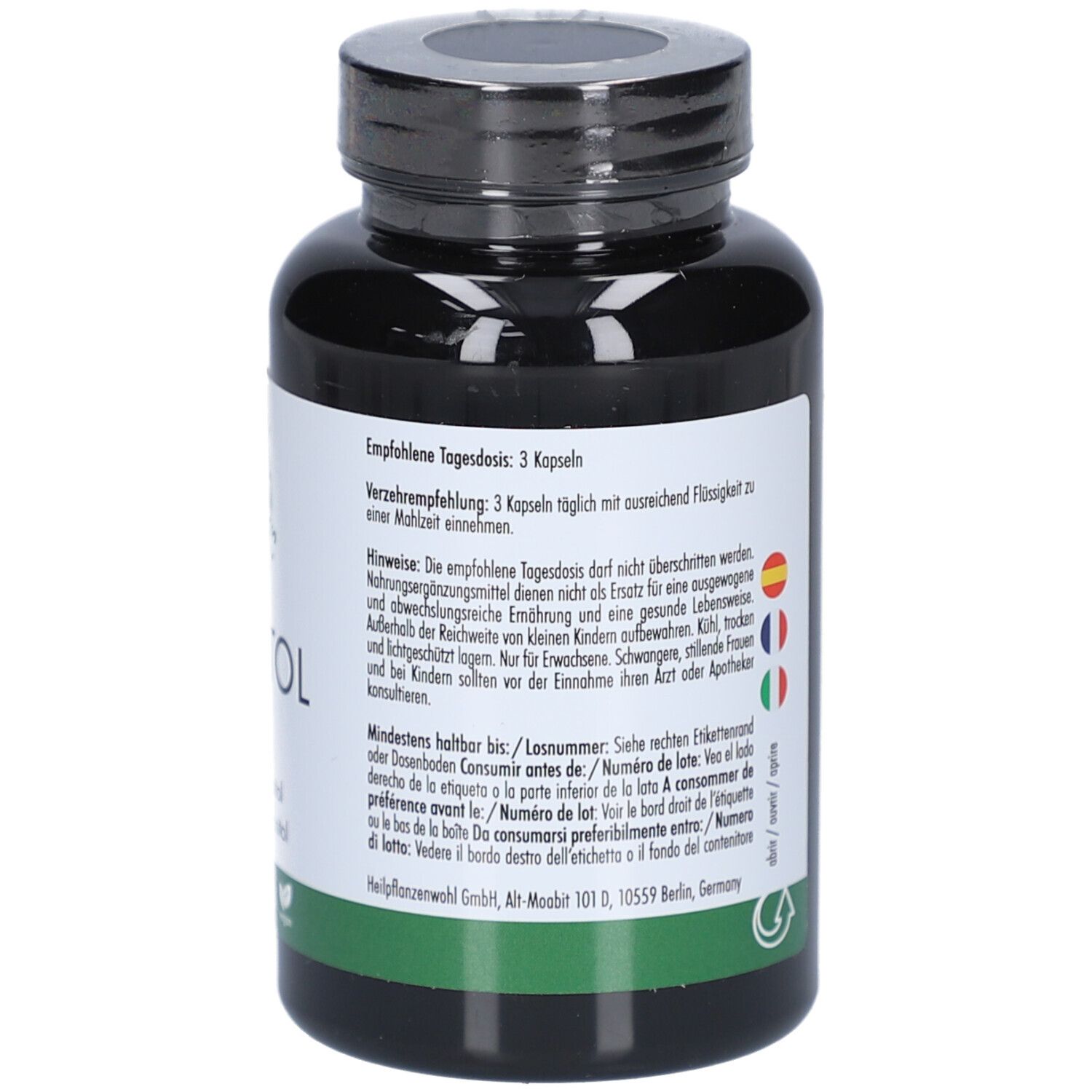 Retro del flacone. Scritta: Dose giornaliera raccomandata: 3 capsule. Note. Da consumarsi preferibilmente entro... Simboli multilingue.