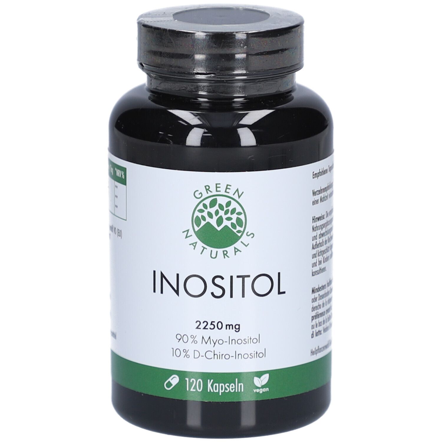 Flacone nero con etichetta verde. INOSITOL 2250 mg, 90% Myo-Inositol, 10% D-Chiro-Inositol. 120 capsule. Vegano.