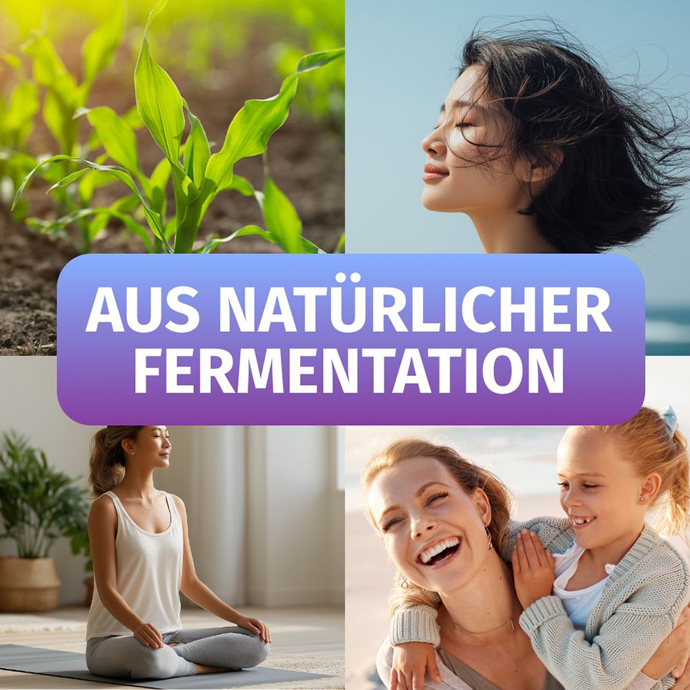 Collage: Crescita vegetale, donna al sole, posizione yoga, madre e figlia. Testo: Da fermentazione naturale.