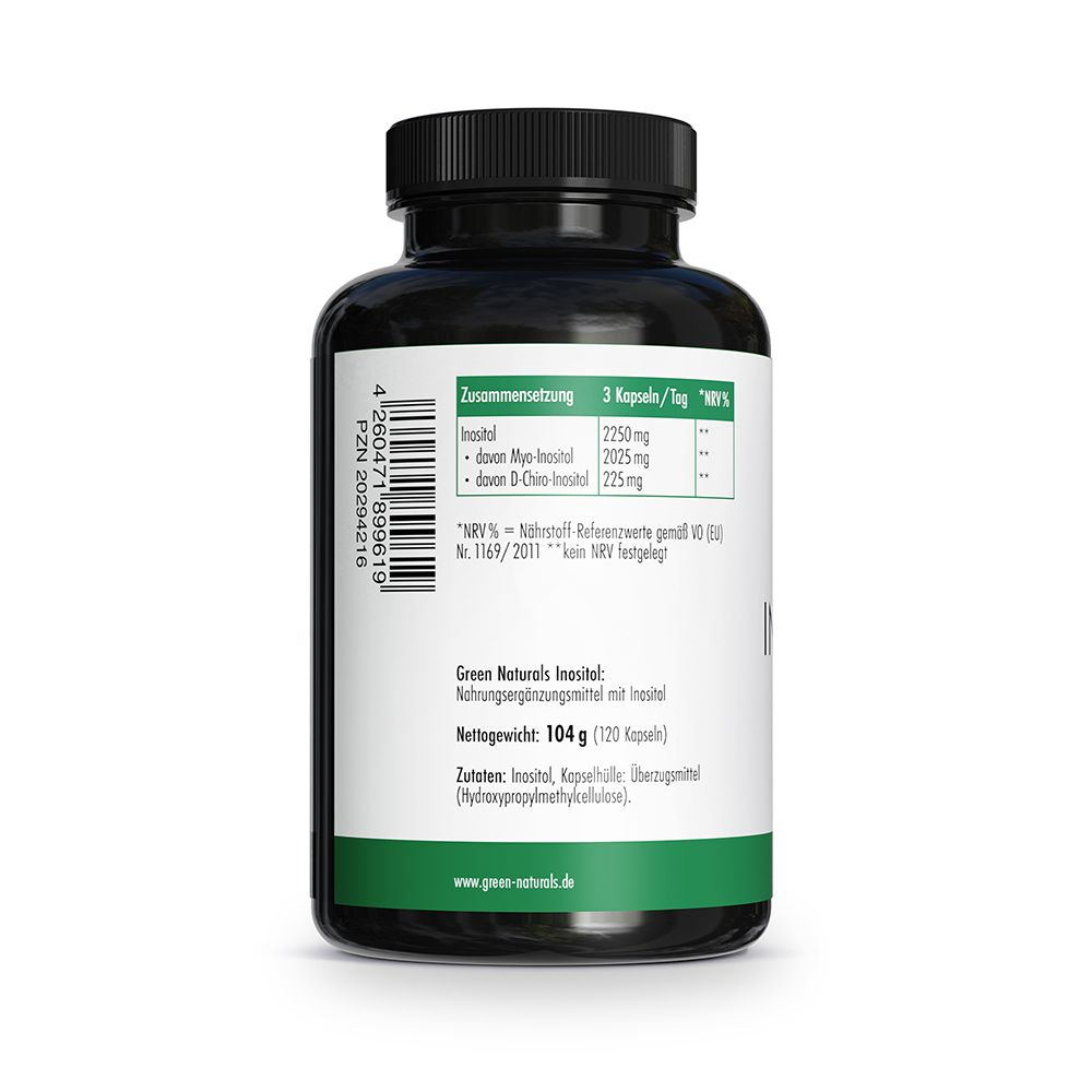 Retro di un barattolo di inositolo. Contiene informazioni nutrizionali, peso netto 104 g (120 capsule).