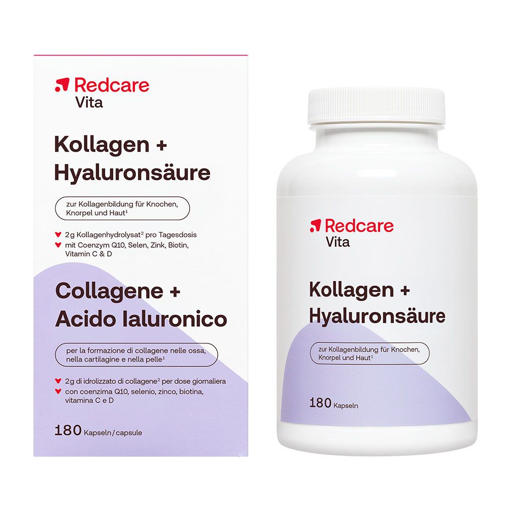 Barattolo e confezione Redcare Vita Collagene + Acido Ialuronico, 180 capsule.