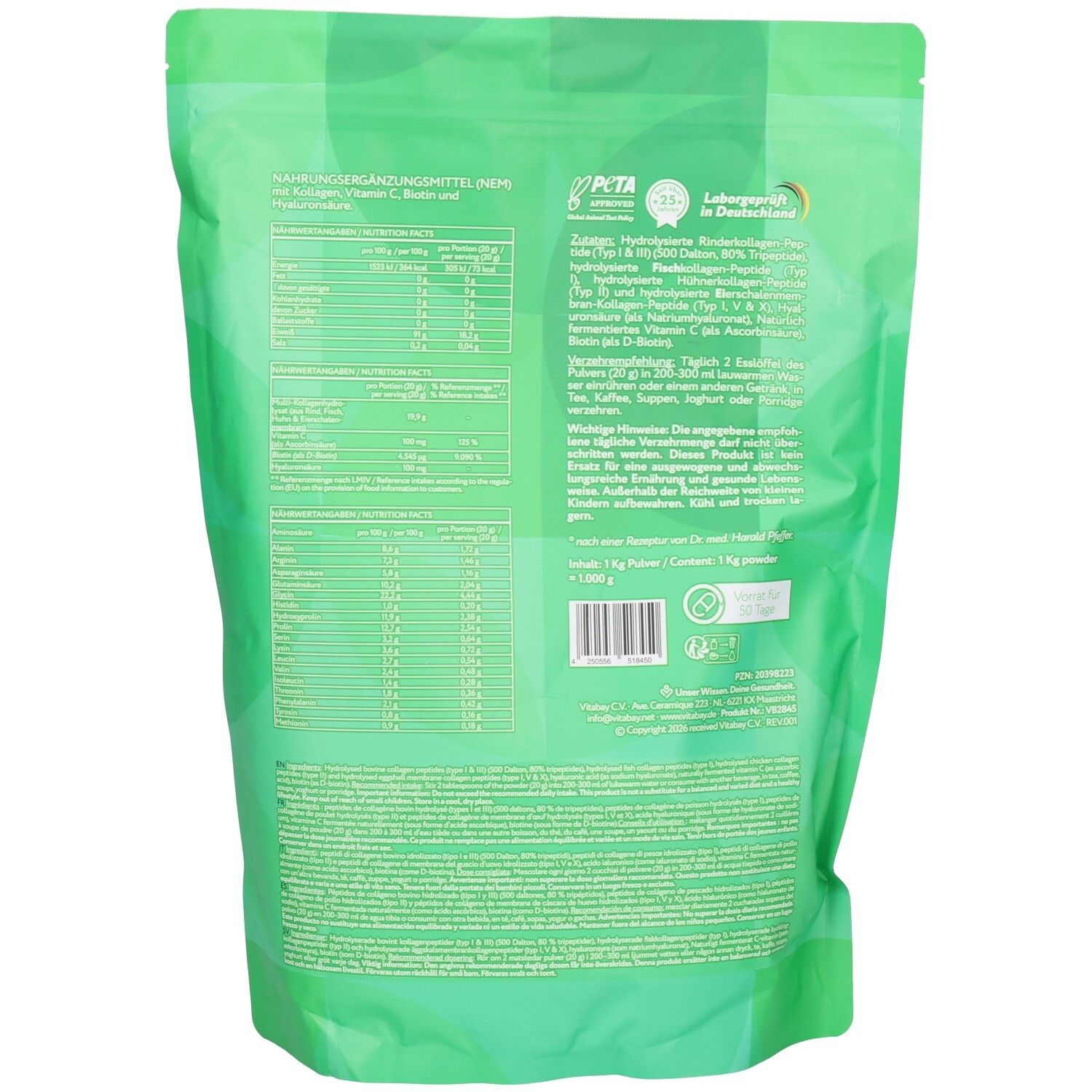 Retro di un sacchetto verde Vitabay Collagen Polvere. Mostra informazioni nutrizionali e del prodotto.