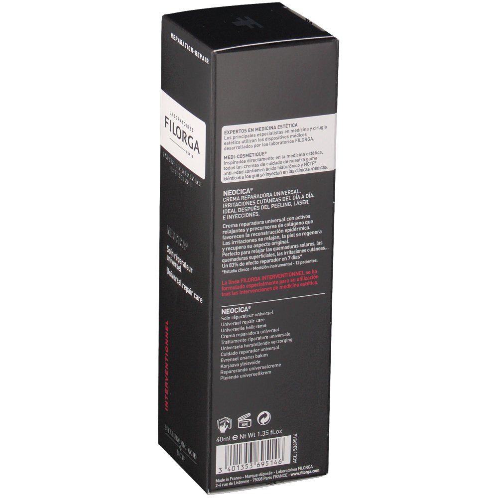 Retro della confezione nera Filorga. Testo multilingue. Contiene informazioni sul prodotto e sul marchio.