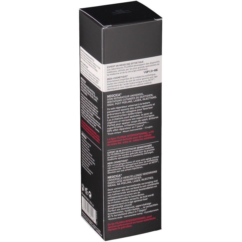 Retro della confezione nera Filorga. Testo multilingue. Contiene informazioni sul prodotto e sul marchio.