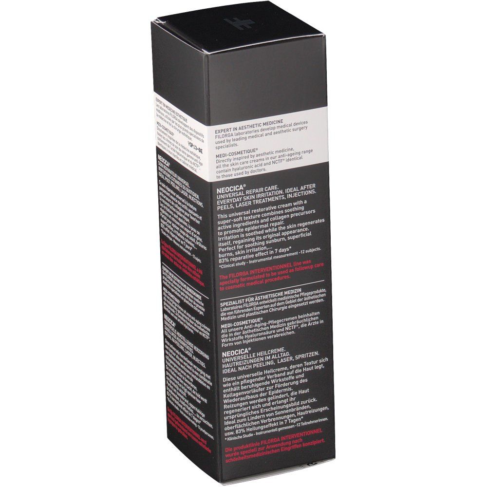 Retro della confezione nera Filorga. Testo multilingue. Contiene informazioni sul prodotto e sul marchio.