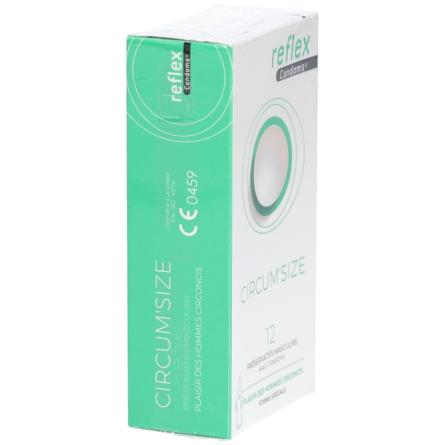 Scatola di preservativi Reflex Circum'Size, 12 pezzi. Confezione verde e bianca, marchio CE.
