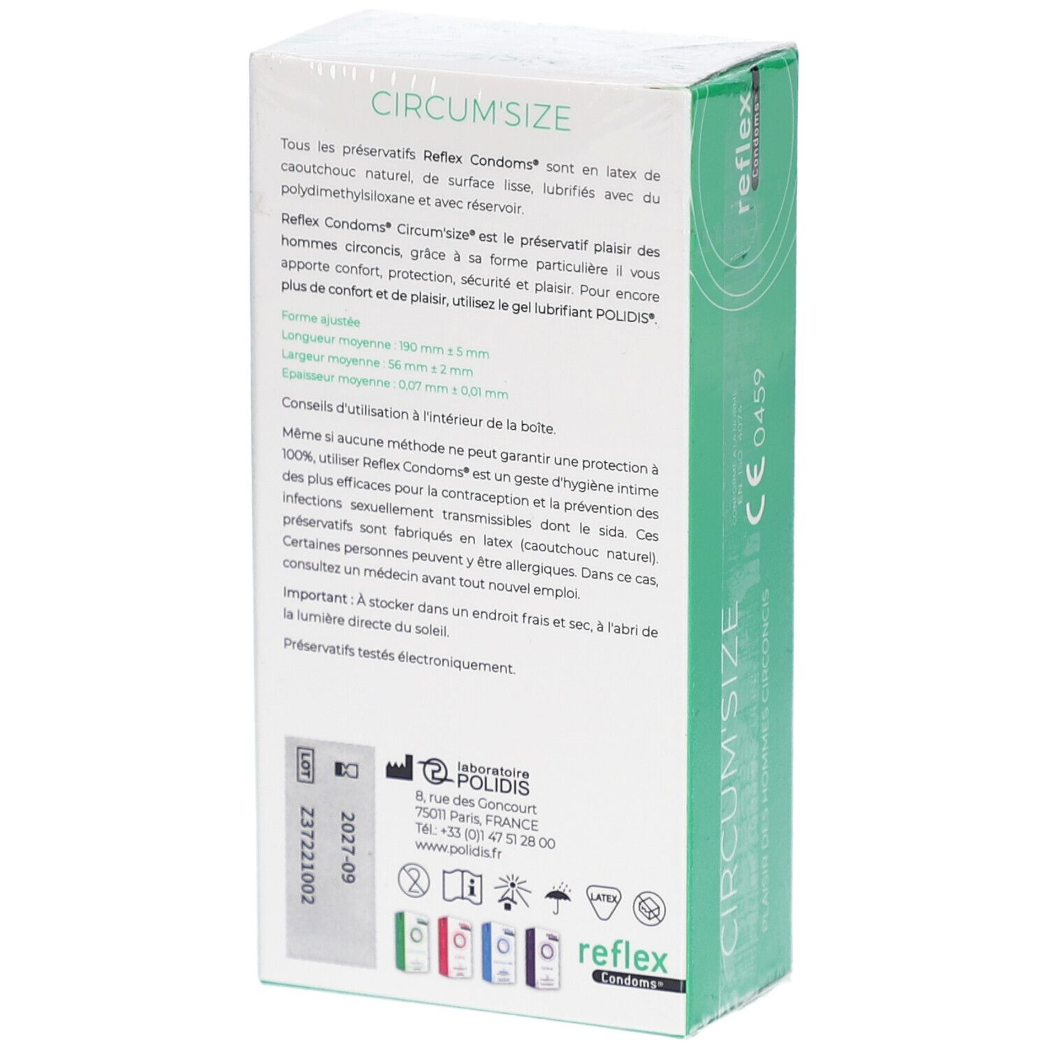 Retro della scatola di preservativi. Informazioni testuali, marchio CE, indirizzo del produttore, data di scadenza.