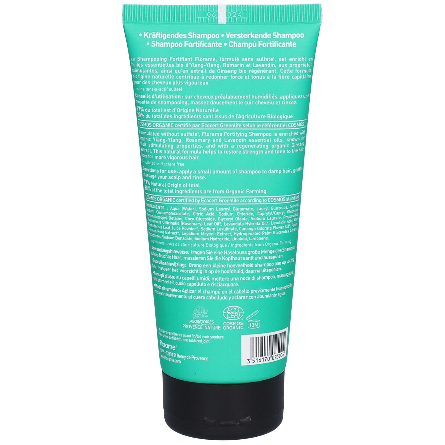 Retro del tubo di shampoo turchese. Testo multilingue. Contiene informazioni sugli ingredienti e l'uso.