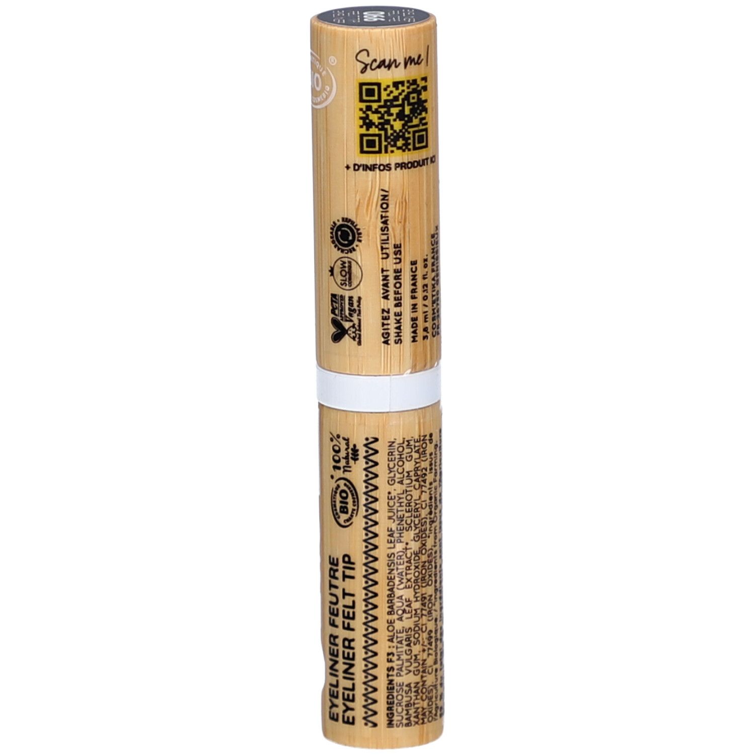 Eyeliner in feltro in bambù. Scritta: ZAO, EYELINER FEUTRE FELT TIP. Codice QR e ingredienti.
