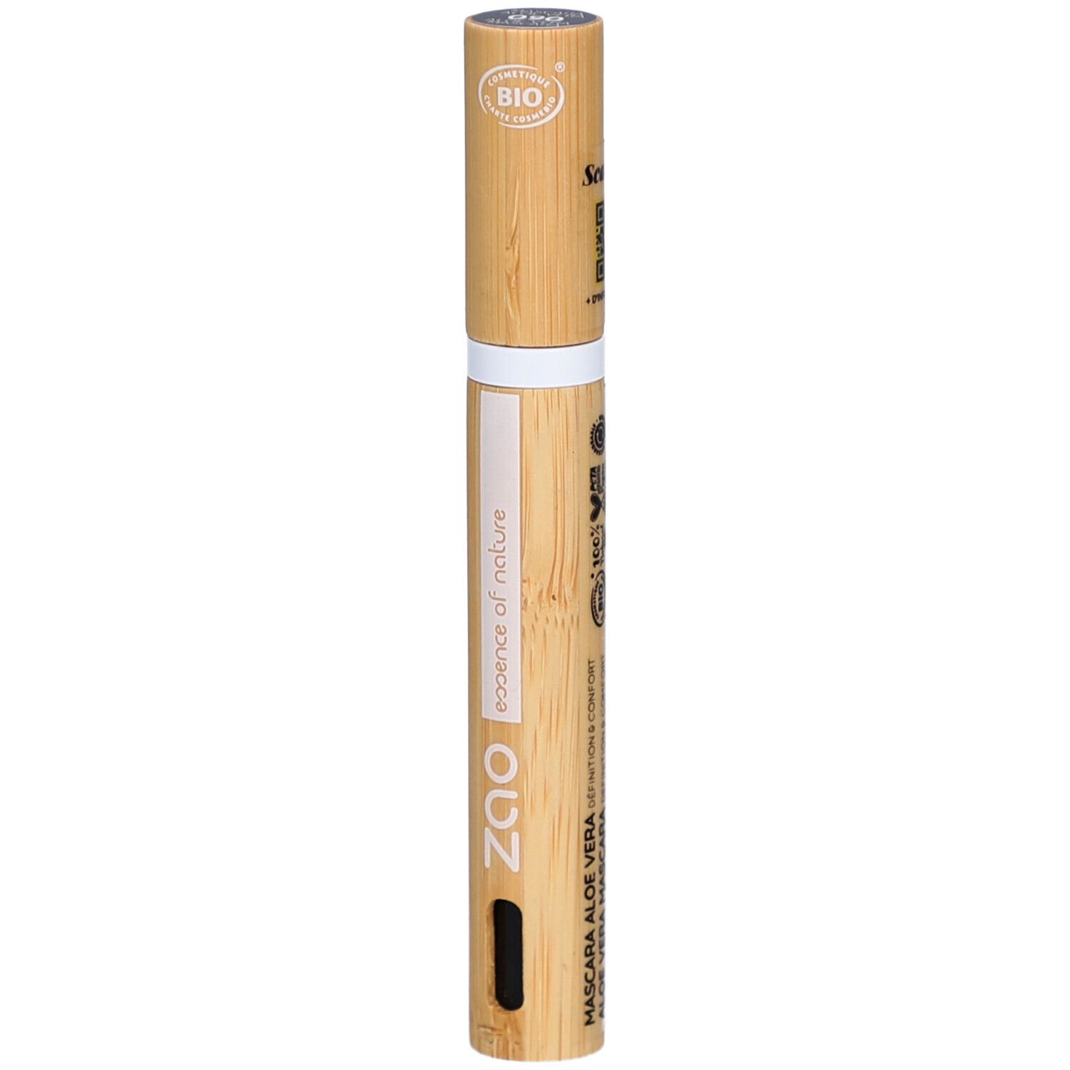 Tubo mascara in bambù. Scritta: ZAO, essence of nature, Mascara Aloe Vera. Certificazione bio.