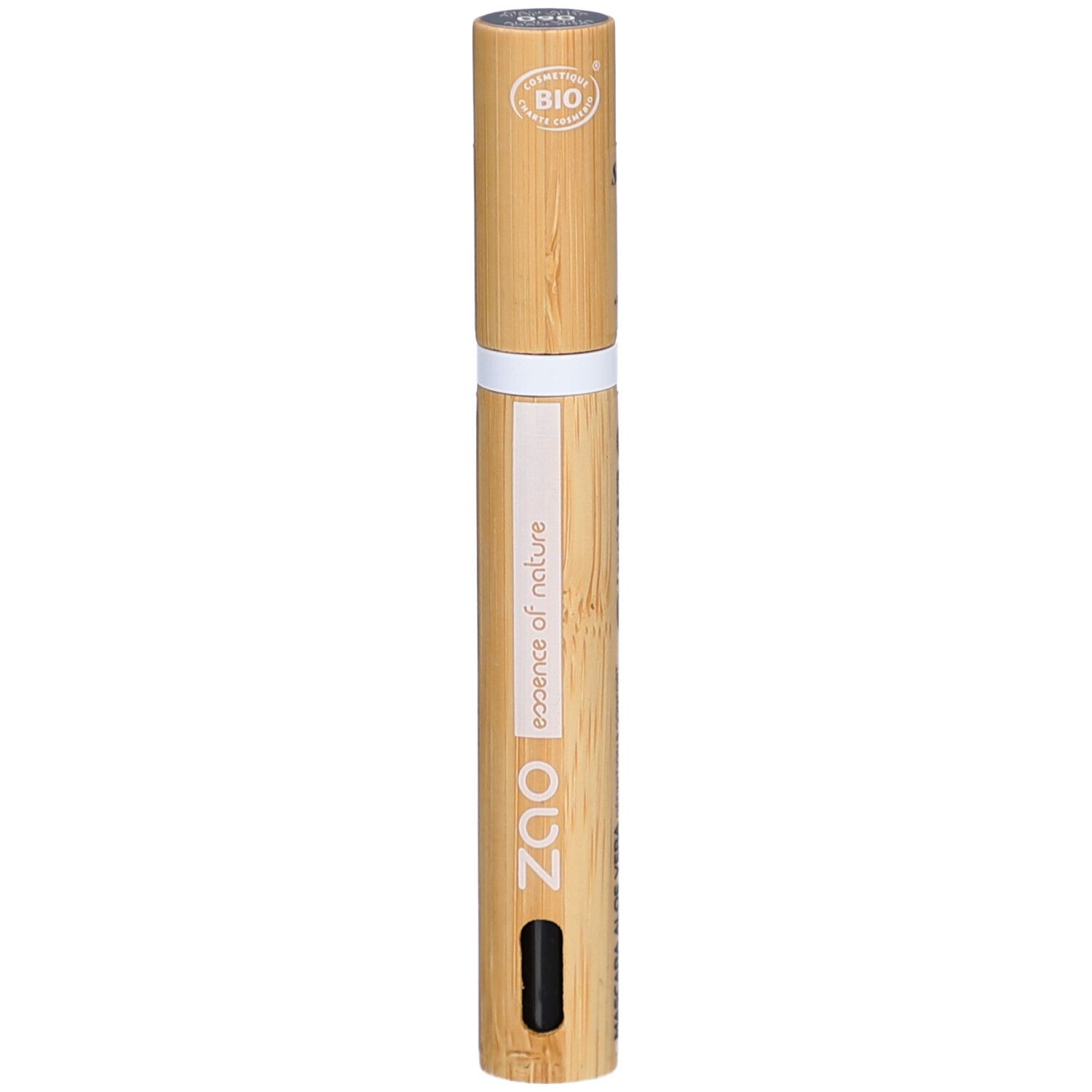 Tubo mascara in bambù. Scritta: ZAO, essence of nature. Applicatore nero. Certificazione bio.