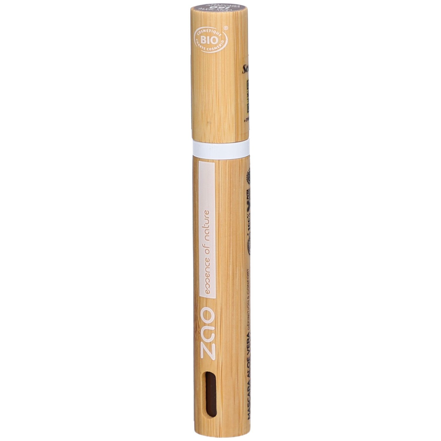 Tubo mascara in bambù. Striscia bianca, scritta ZAO, essence of nature. Certificazione bio.
