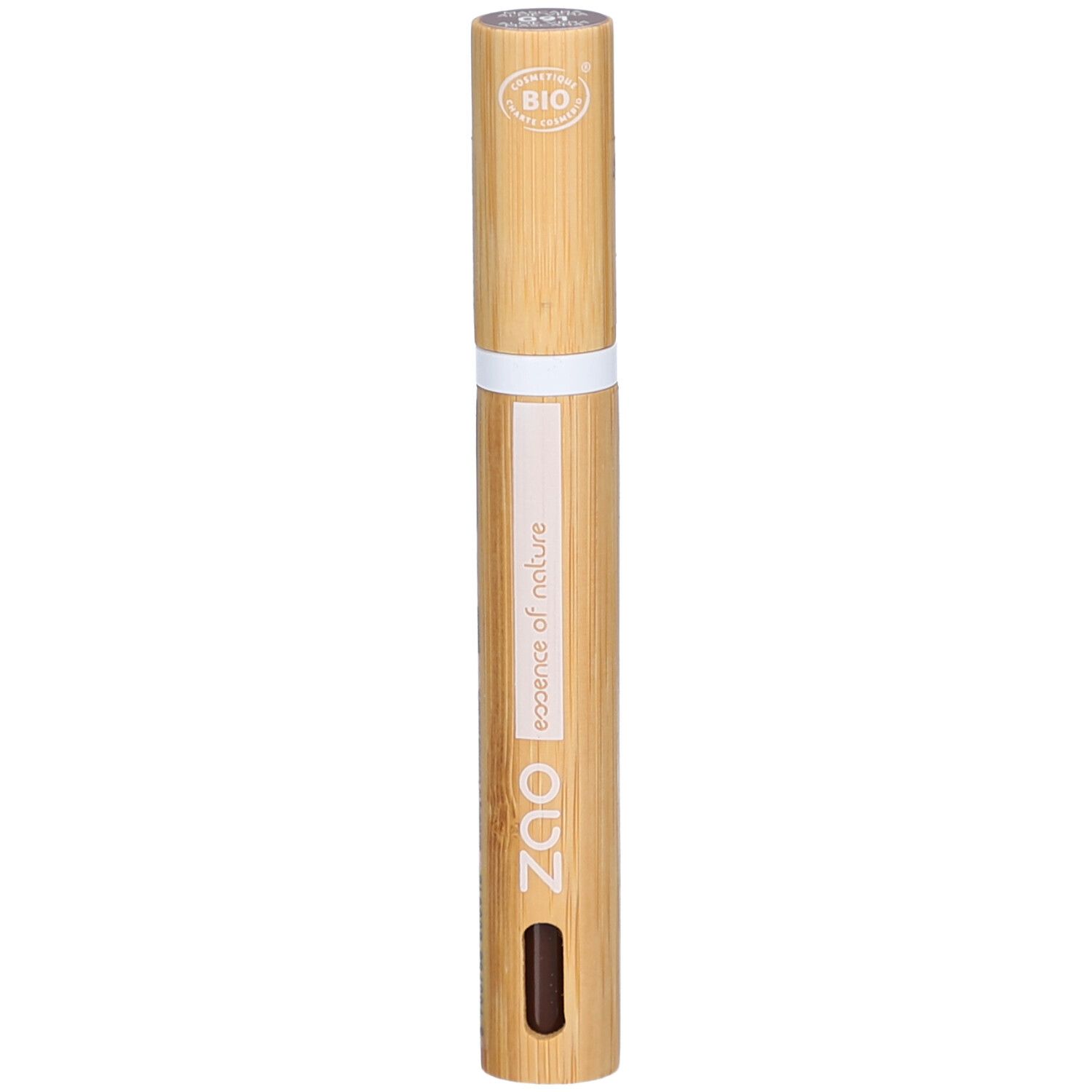 Tubo mascara in bambù. Striscia bianca, scritta ZAO, essence of nature. Certificazione bio.