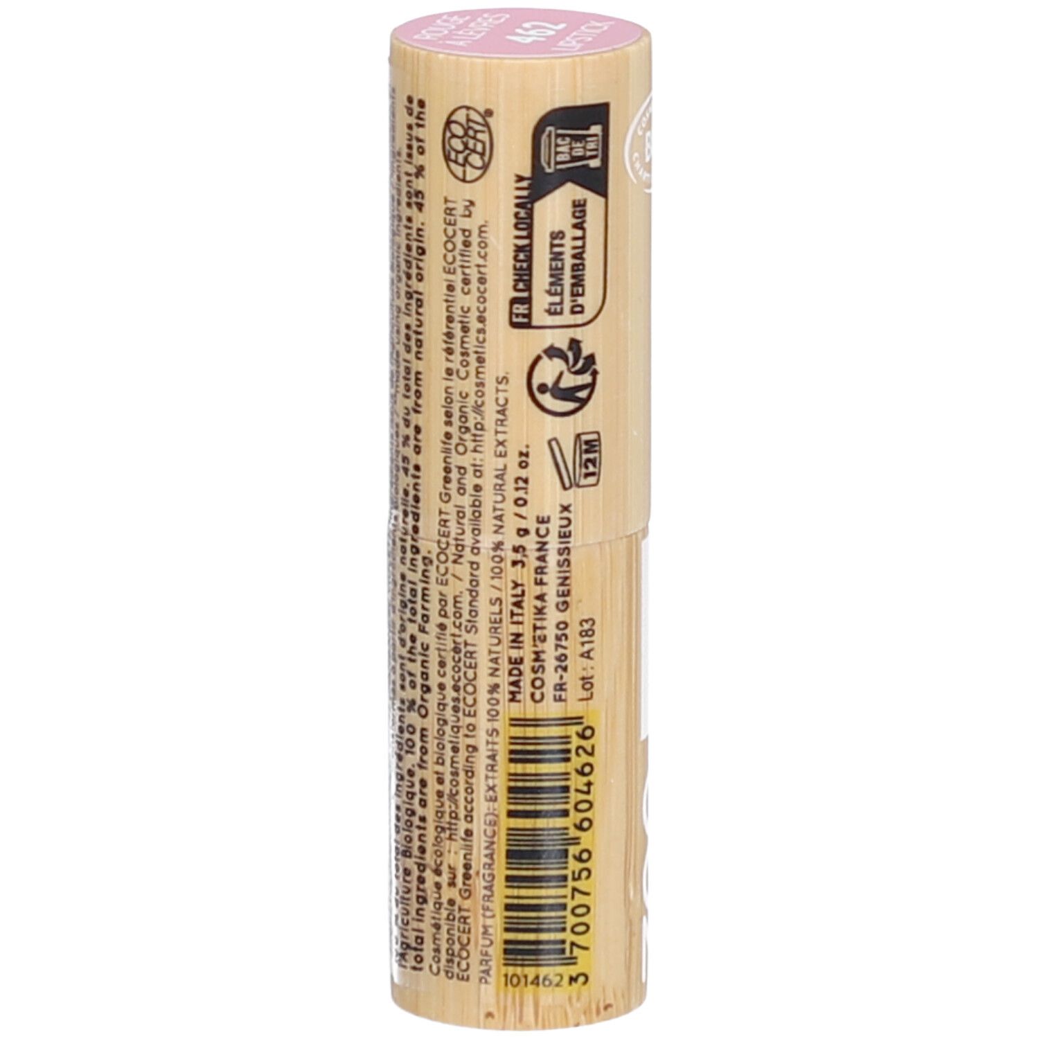 Rossetto ZAO in astuccio di bambù. Scritta: Made in Italy, 3,5 g / 0,12 oz. Certificazioni: Ecocert, 12M.