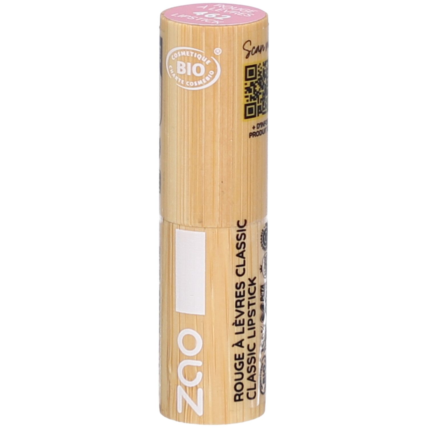Rossetto ZAO in astuccio di bambù. Tonalità rosa. Scritta: Rouge à lèvres classic. Codice QR.