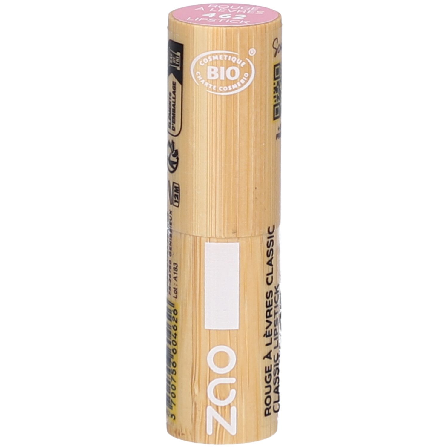 Rossetto ZAO in astuccio di bambù. Tonalità rosa. Scritta: Rouge à lèvres classic. Certificazioni: Bio.