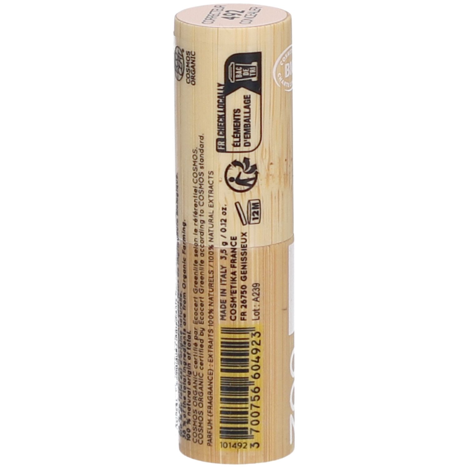 Stick correttore in bambù. Scritte. Made in Italy. Certificazione Bio. Testo su ingredienti e origine.