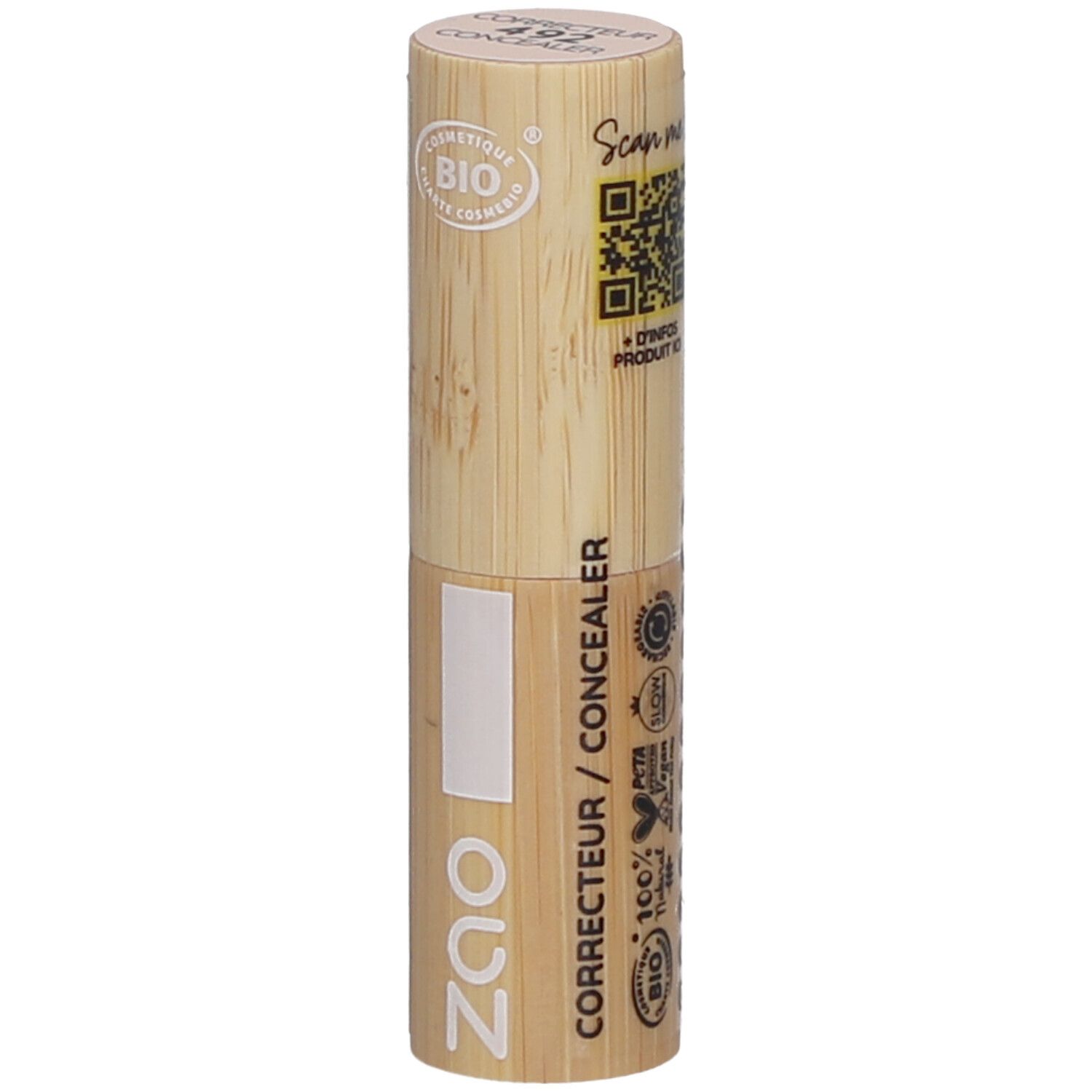 Stick correttore in bambù. Scritta ZAO, CORRECTEUR / CONCEALER. Certificazione Bio. Codice QR.