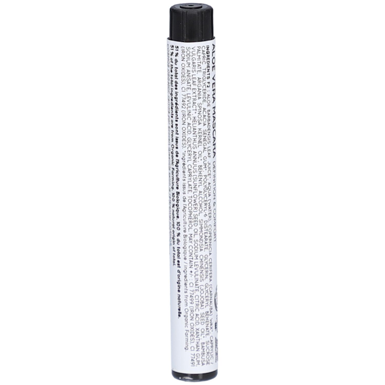 Tubo di mascara nero con testo. Ingredienti elencati. Certificazione bio e logo PETA.