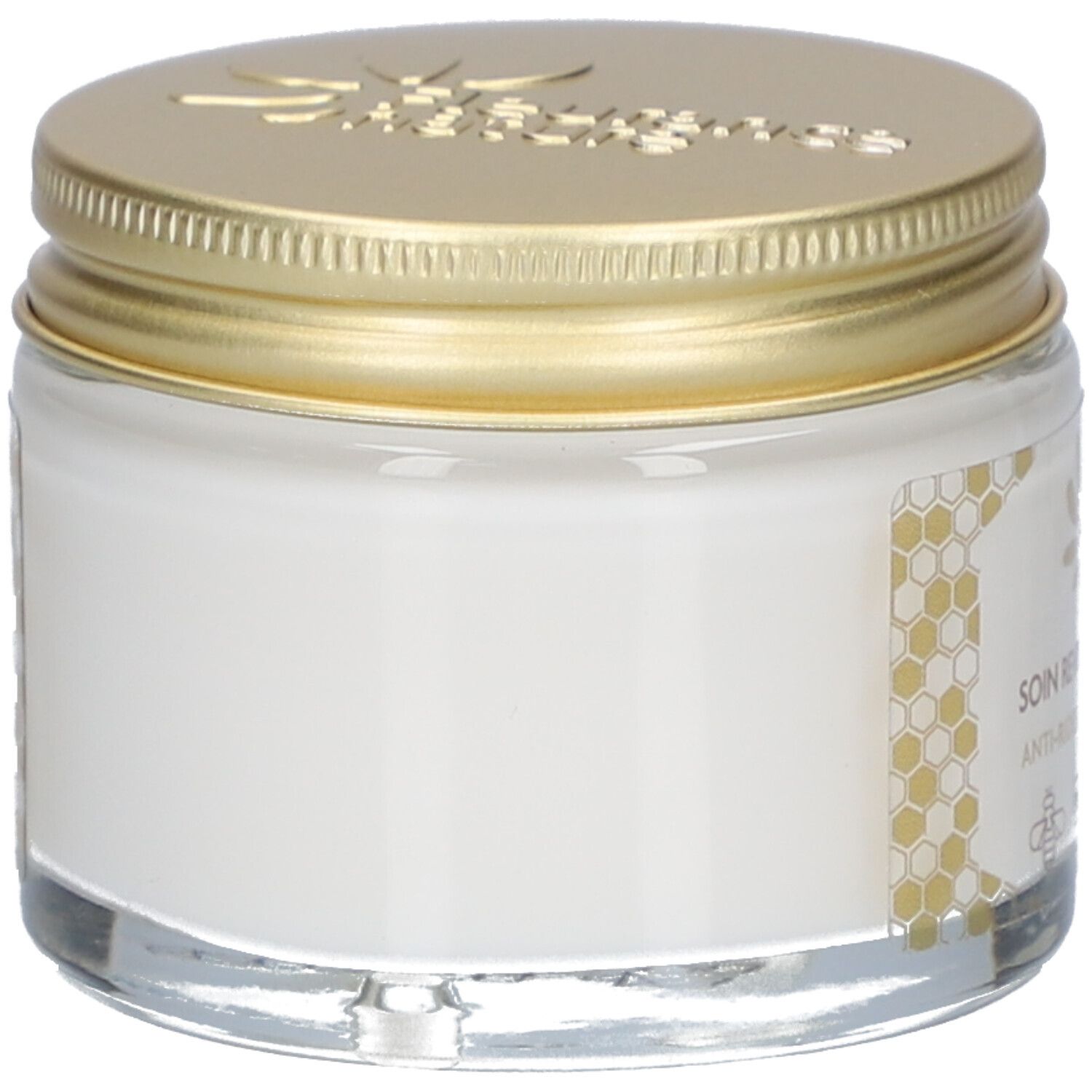 Vasetto con coperchio dorato. Scritta: Fleurance Nature. Crema bianca. Design a nido d'ape sull'etichetta.