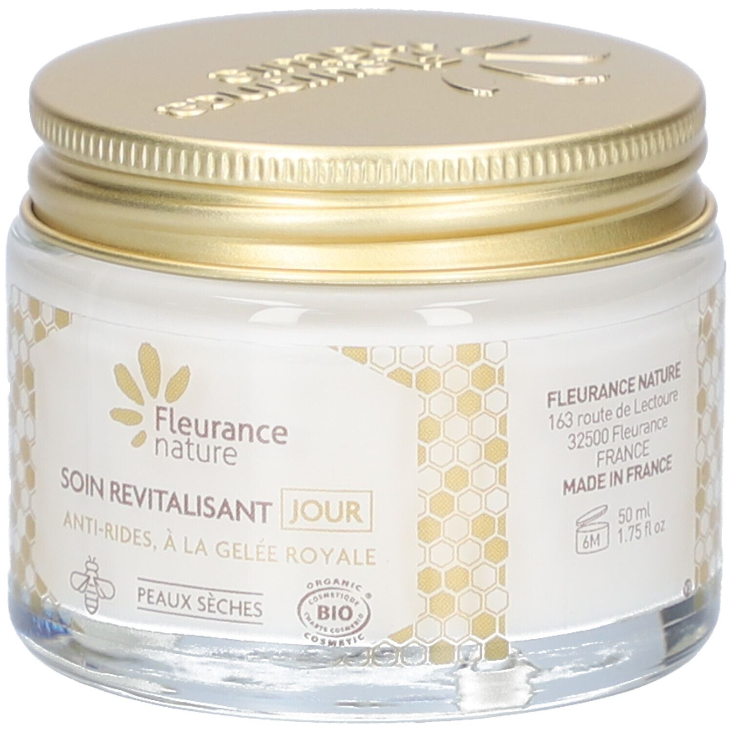 Vasetto di crema giorno con coperchio dorato. Scritta: Fleurance Nature, Soin Revitalisant Jour, Anti-Rides, à la Gelée Royale. Certificazione Bio.