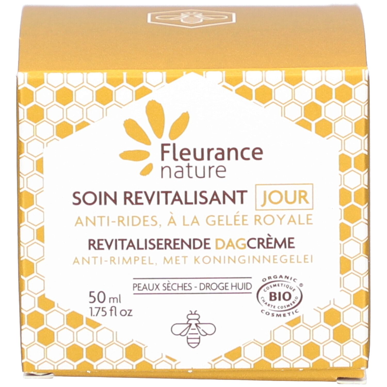 Confezione in cartone. Scritta: Fleurance Nature, Soin Revitalisant Jour, Anti-Rides, à la Gelée Royale. Revitalisierende Dagcrème. Certificazione Bio.
