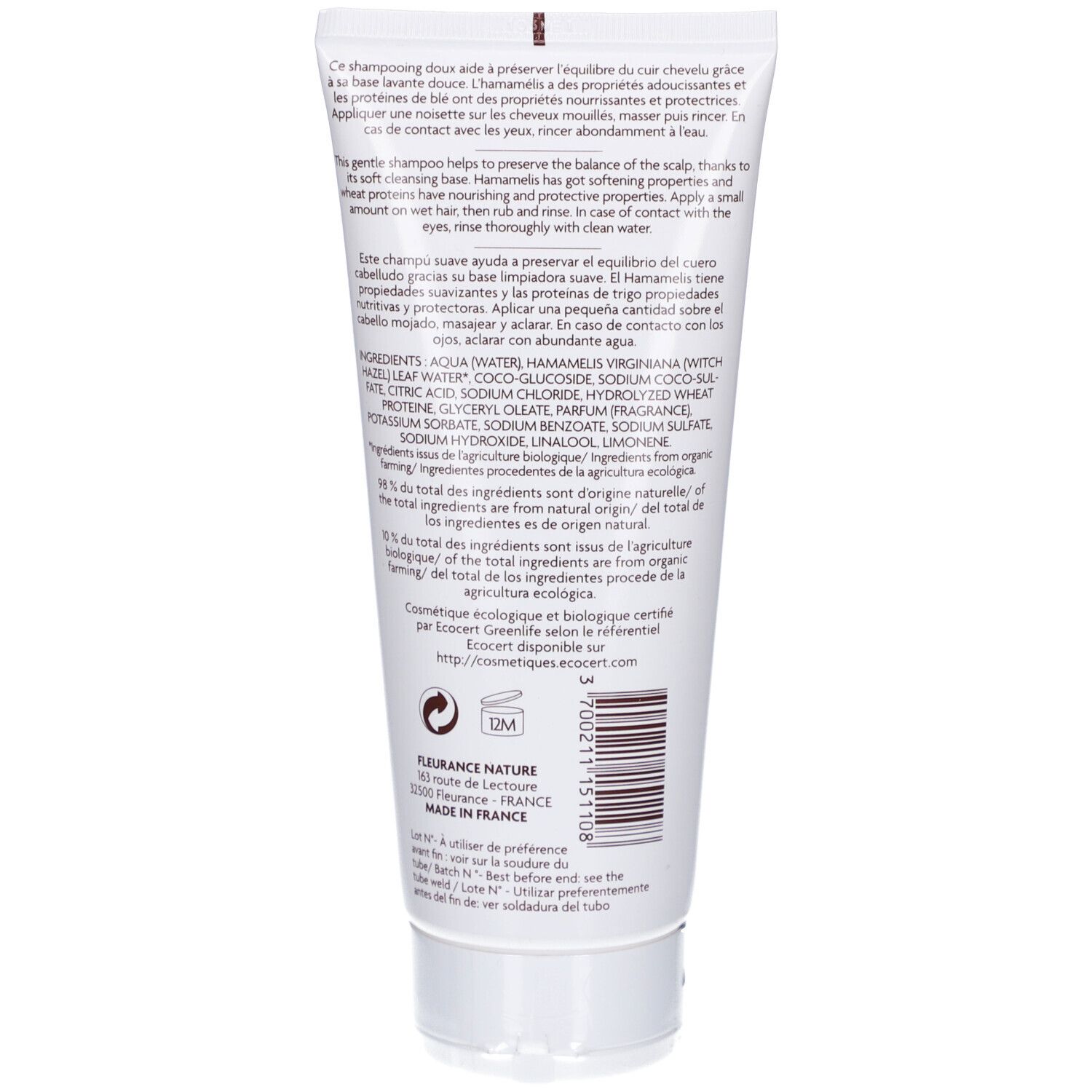 Retro del tubo di shampoo. Testo con ingredienti e istruzioni per l'uso. Certificazione bio e informazioni del produttore.
