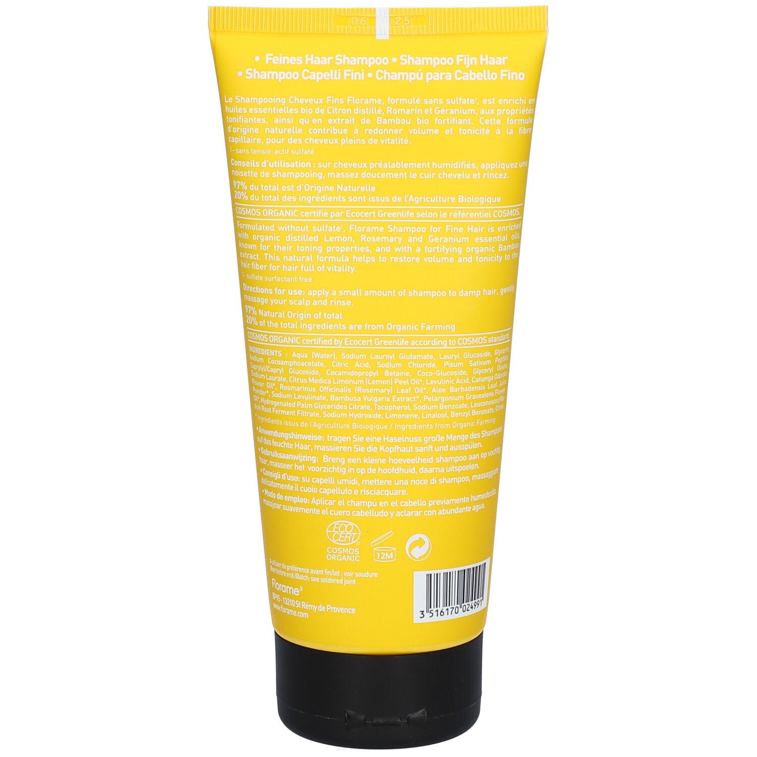 Retro del tubo di shampoo giallo. Testo multilingue. Certificazione Bio e informazioni del produttore.