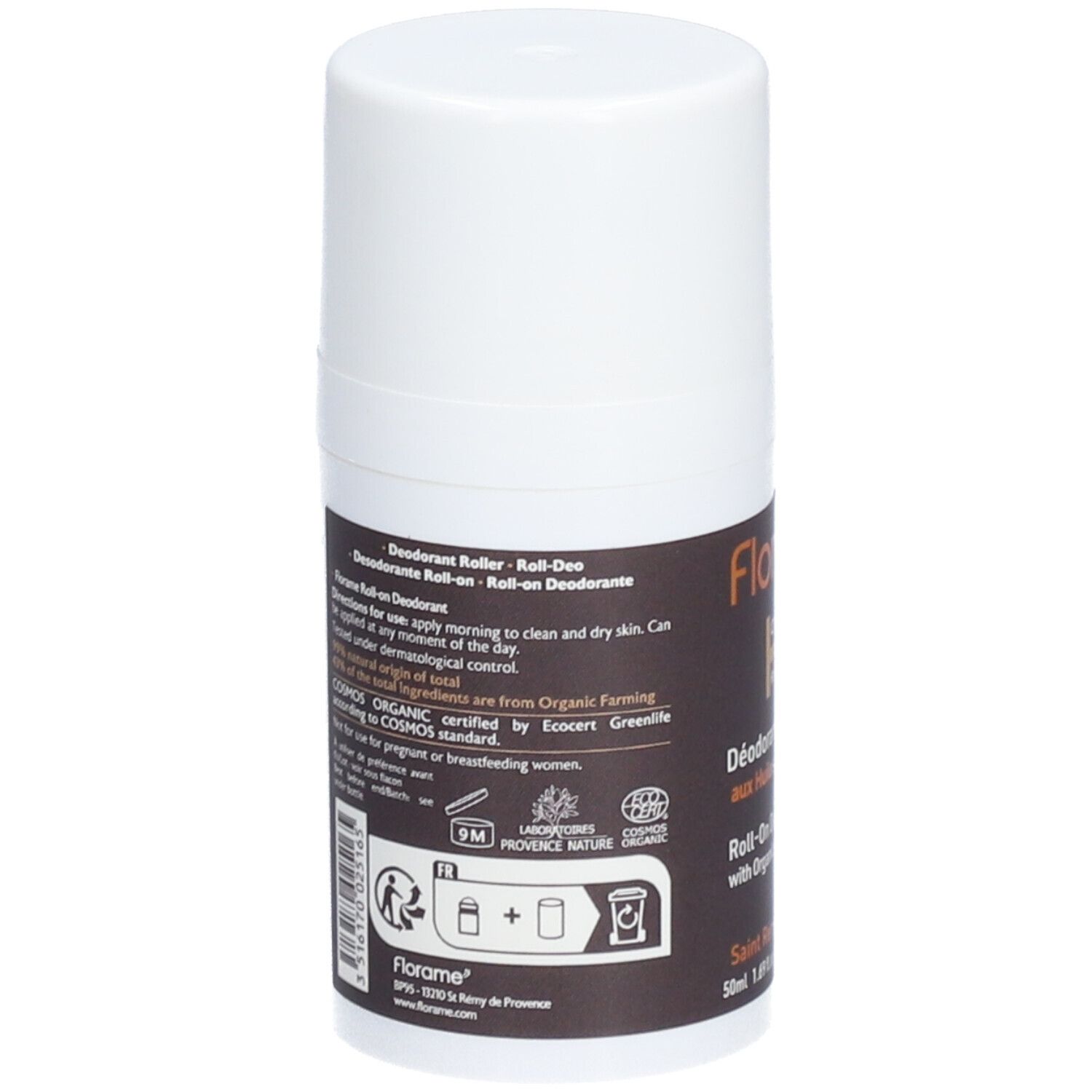Retro del deodorante roll-on bianco. Etichette marroni con testo e loghi, tra cui certificazione Bio e Provence Nature.