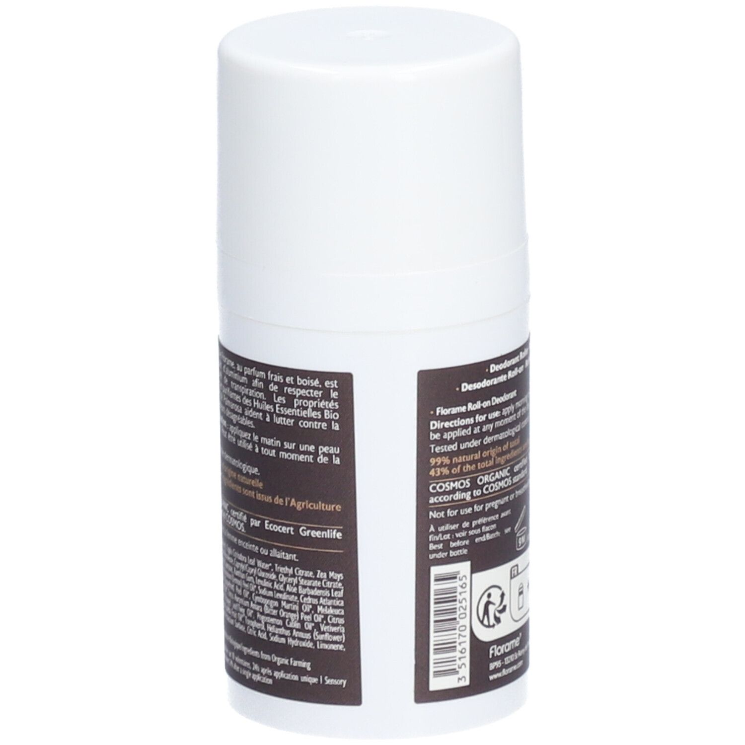 Retro del deodorante roll-on bianco. Etichette marroni con testo e loghi, tra cui certificazione Bio e ingredienti.