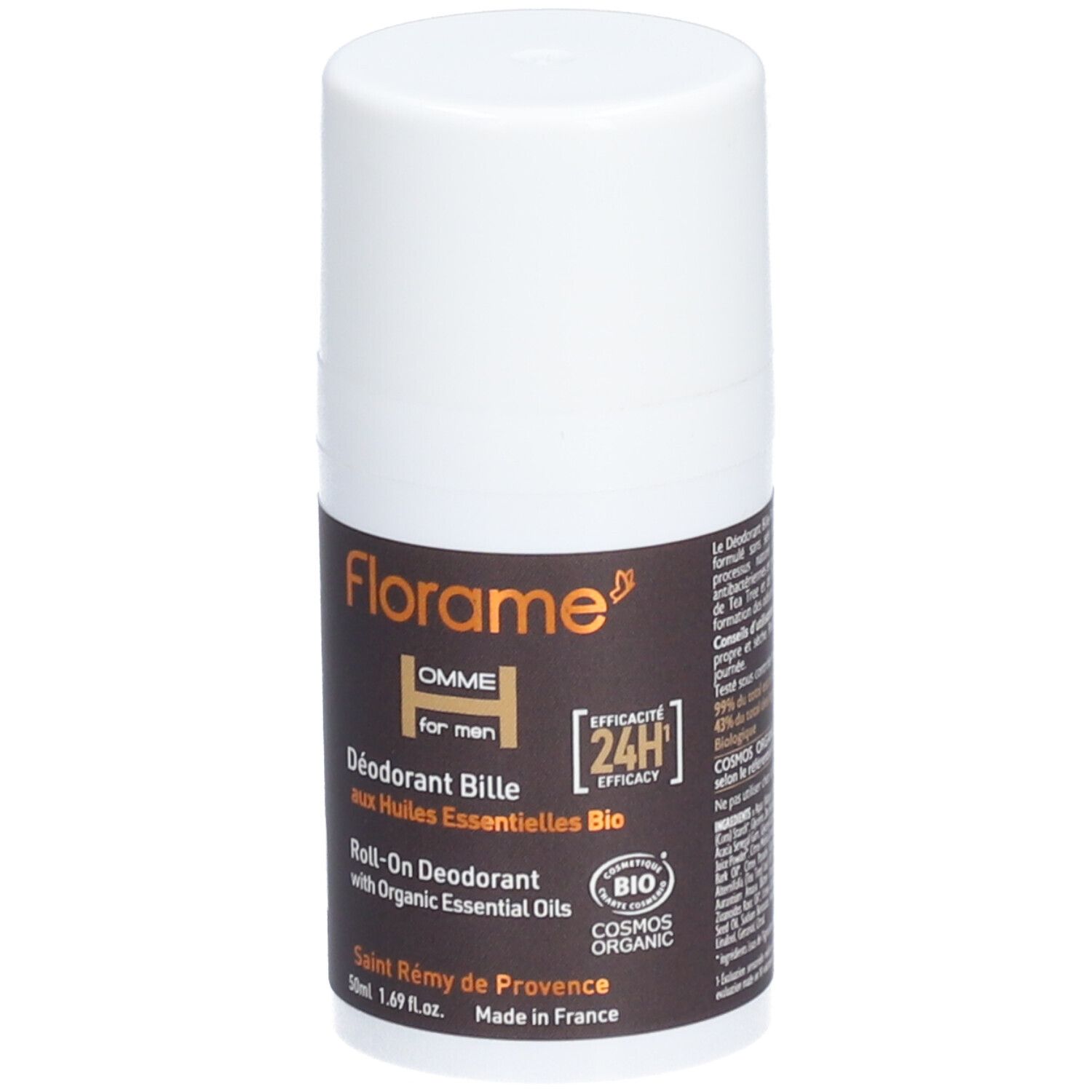 Deodorante roll-on bianco. Etichette marroni con testo: Florame, HOMME, Déodorant Bille, 24H, certificazione Bio.