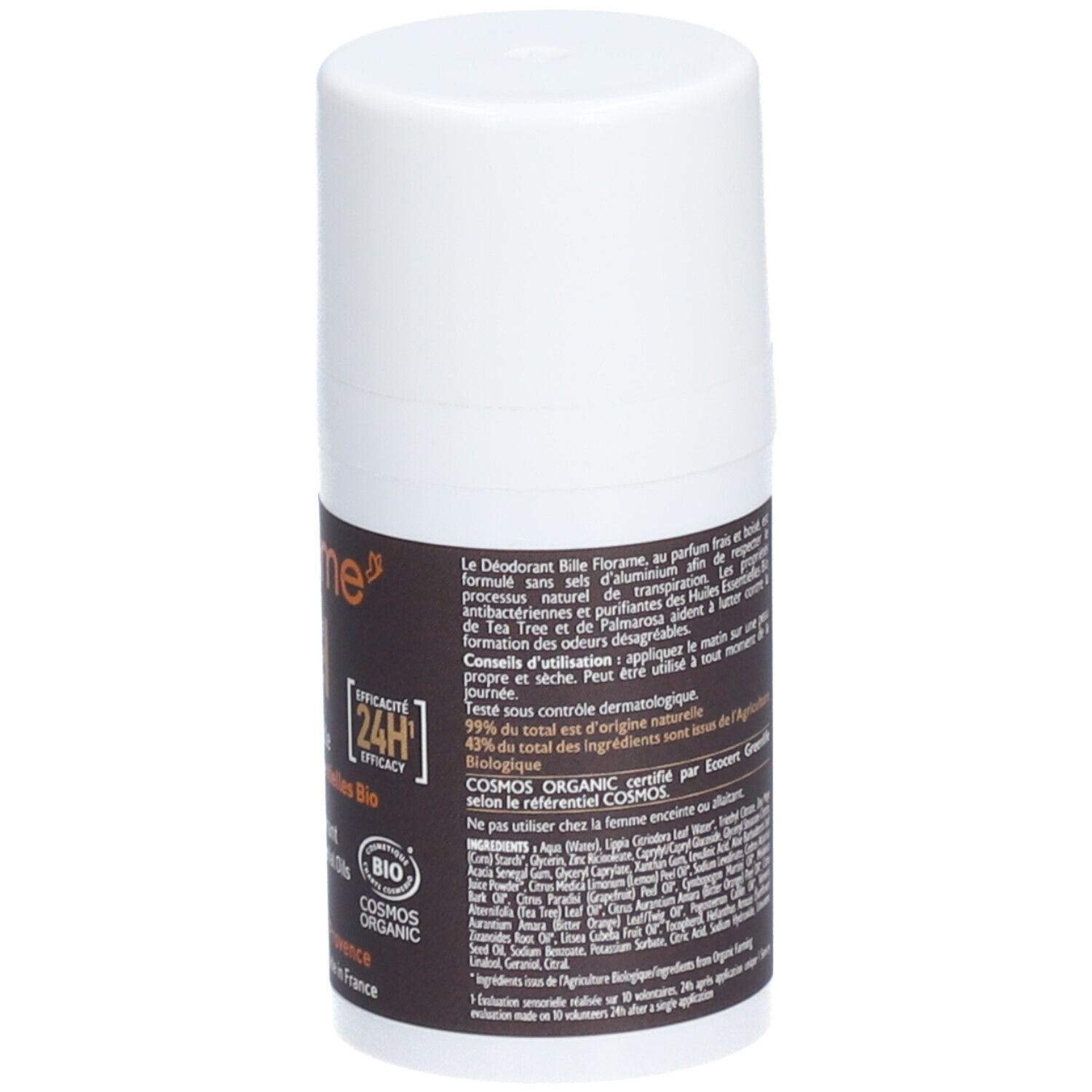 Retro del deodorante roll-on bianco. Etichette marroni con testo e loghi, tra cui certificazione Bio e ingredienti.