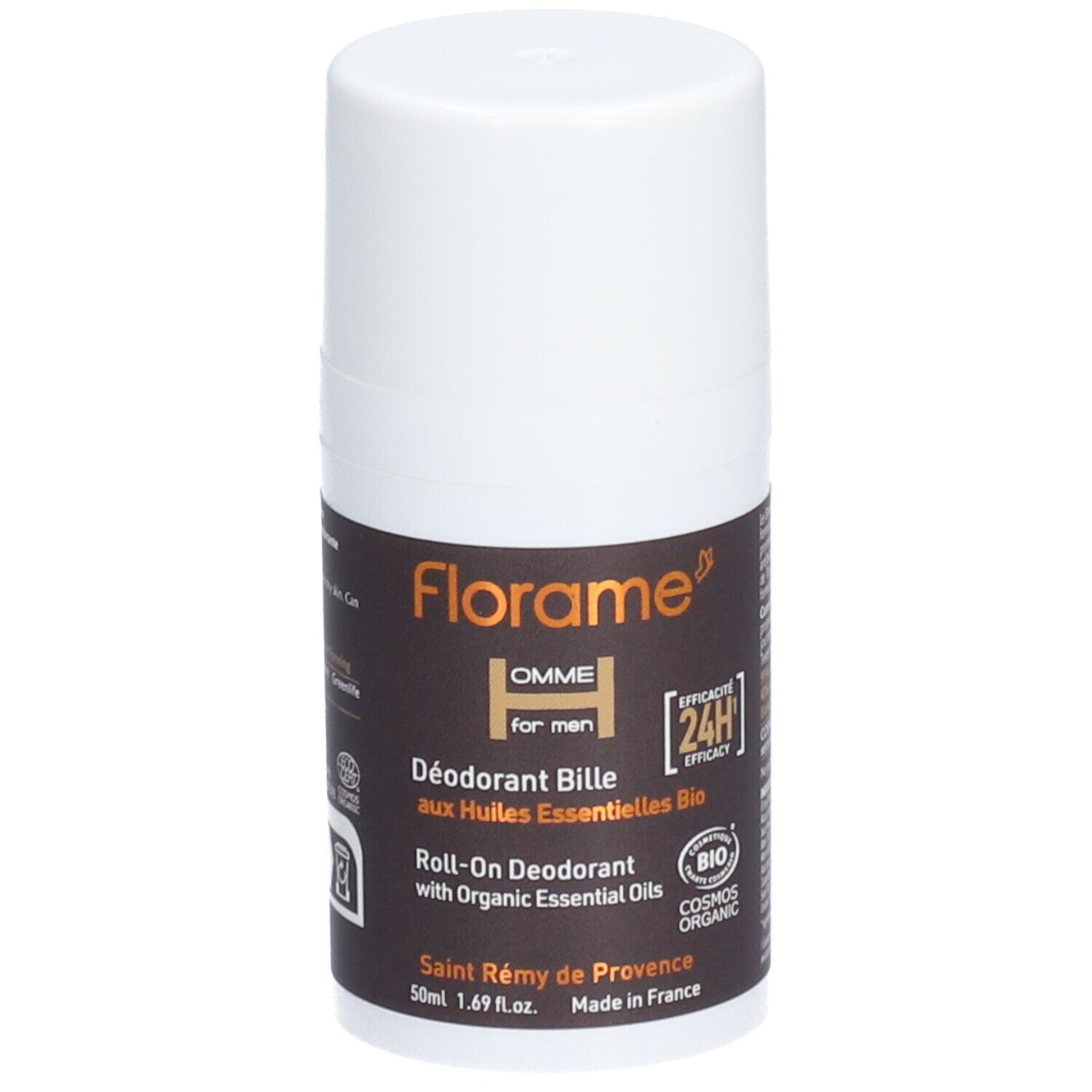 Deodorante roll-on bianco. Etichette marroni con testo: Florame, HOMME, Déodorant Bille, 24H, certificazione Bio.